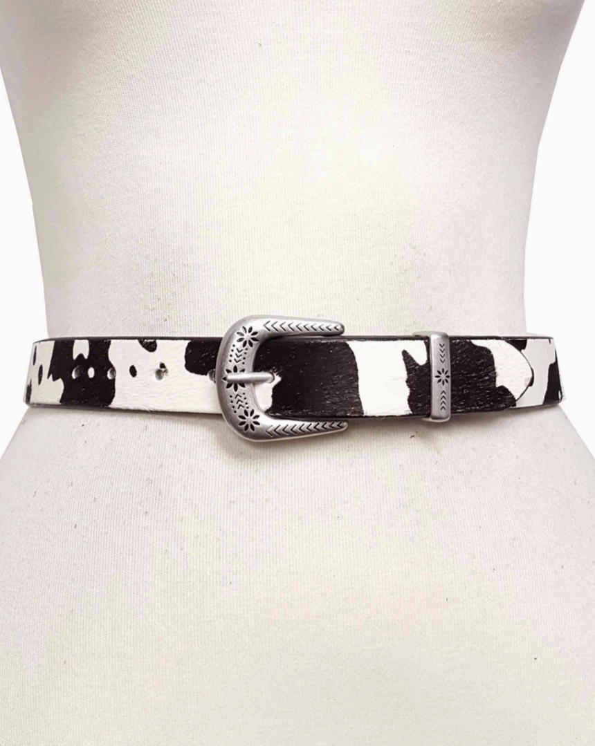 Cow Hair Belt With Floral Buckle