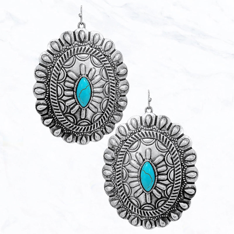 Metallic Oval Concho Stone Western Earrings