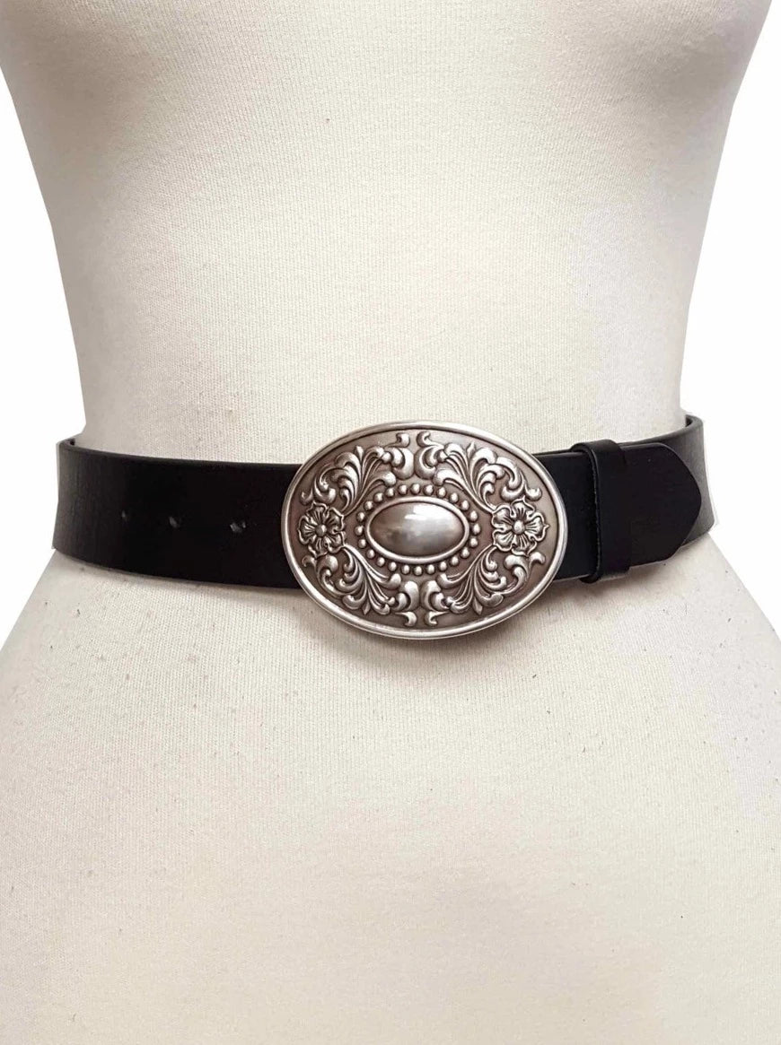 Western Silver Oval Floral Buckle Belt