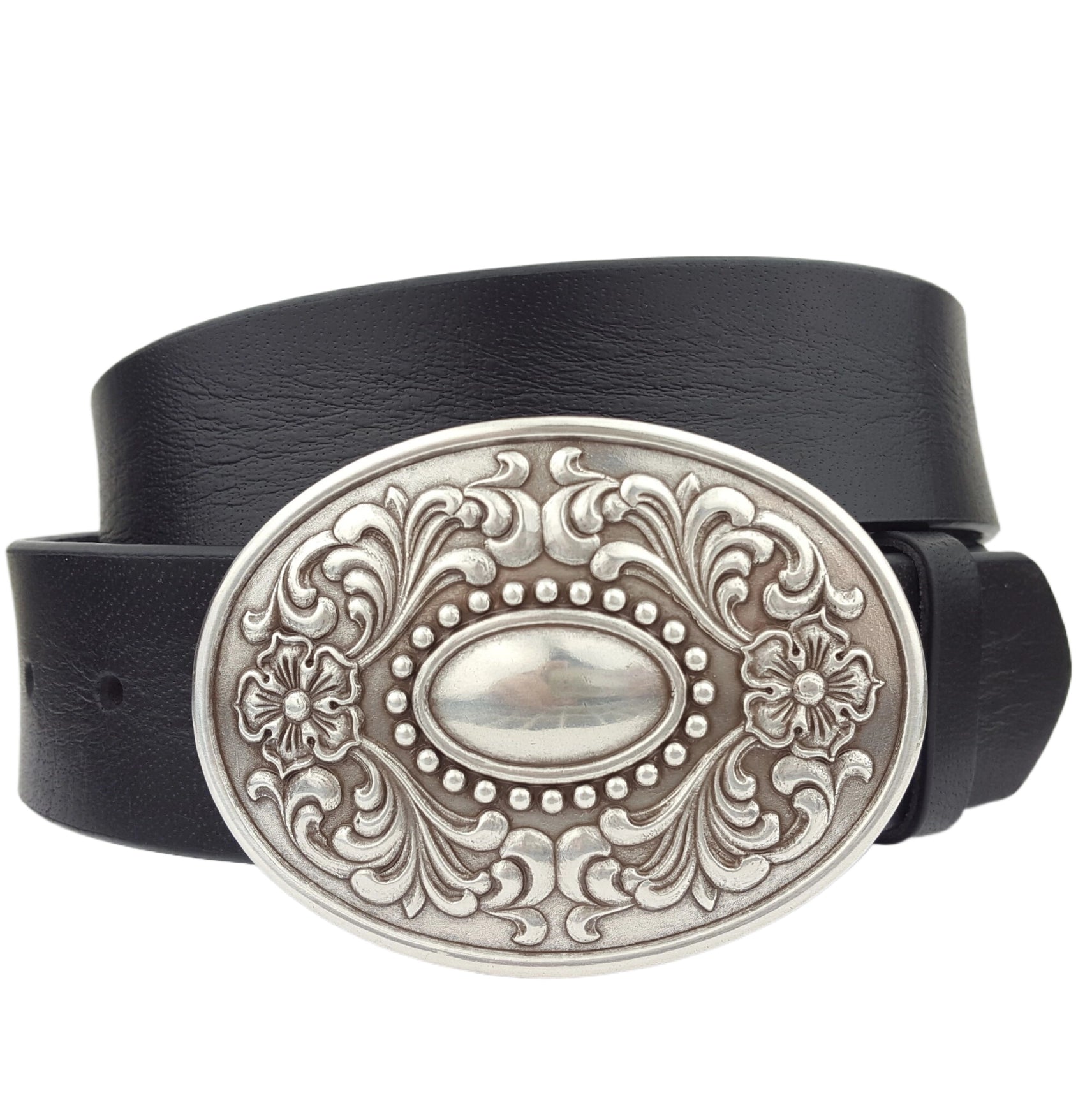 Western Silver Oval Floral Buckle Belt