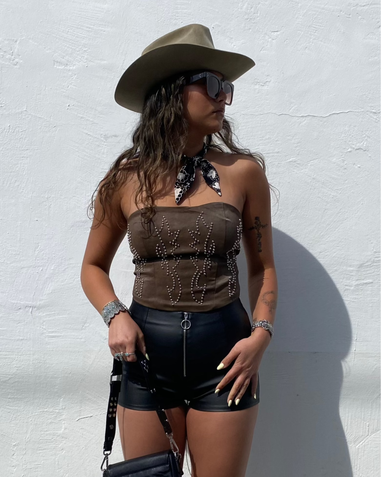 Studded Lace Up Leather Corset Top - Brown