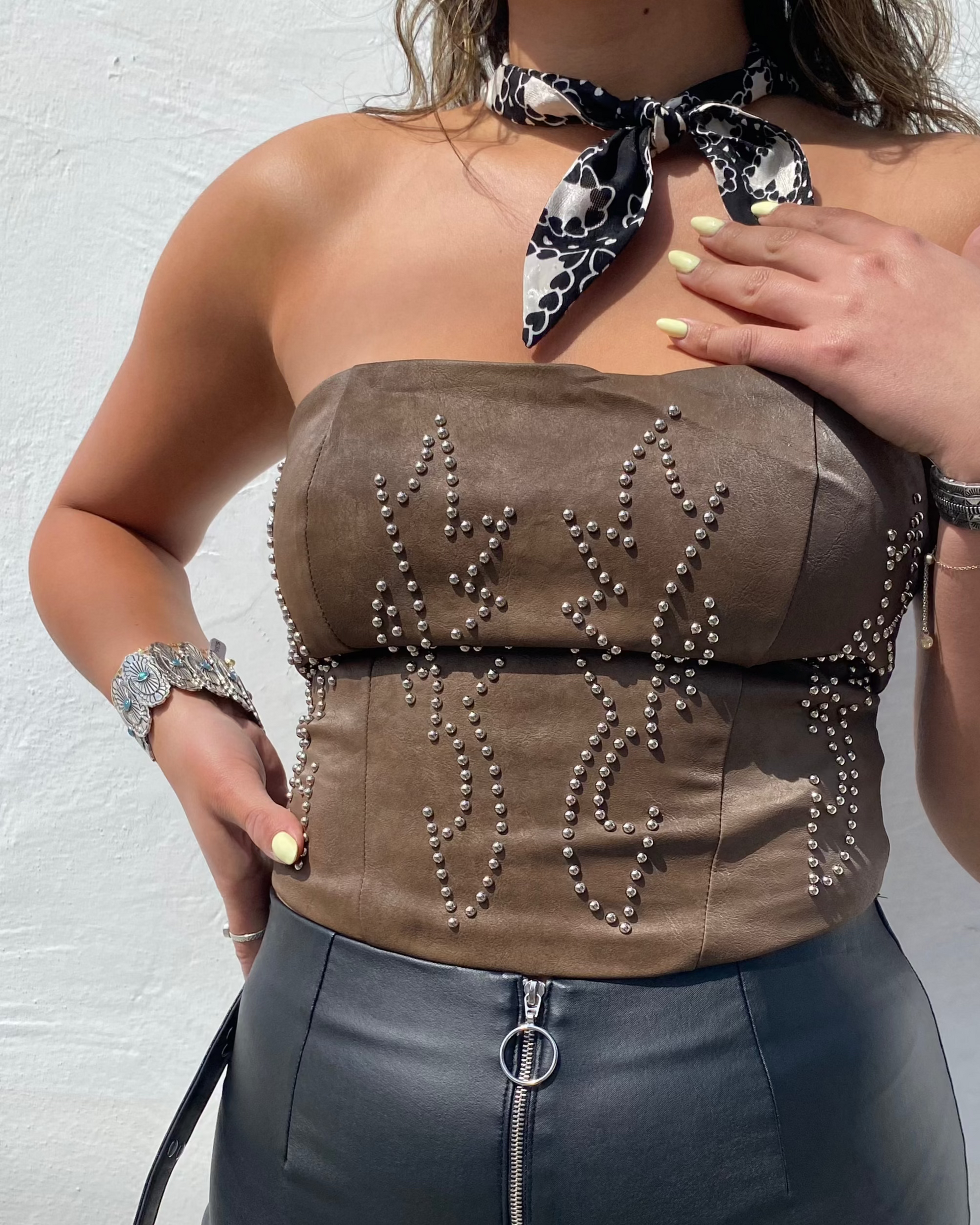 Studded Lace Up Leather Corset Top - Brown