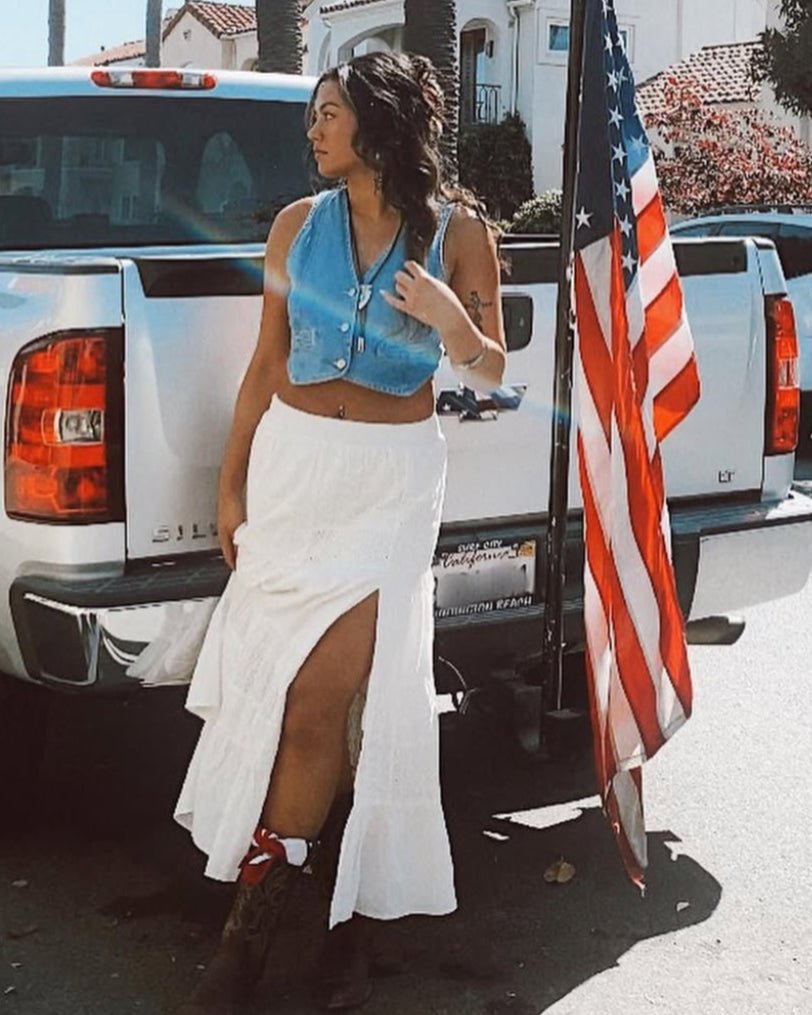 Tiered Slit Maxi Skirt - White - Burnout