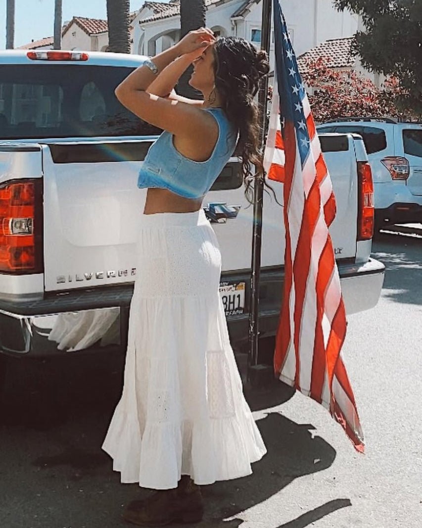 Tiered Slit Maxi Skirt - White - Burnout