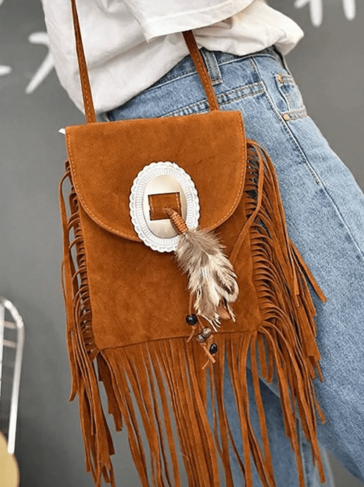 Feather Fringe Crossbody Bag - Burnout