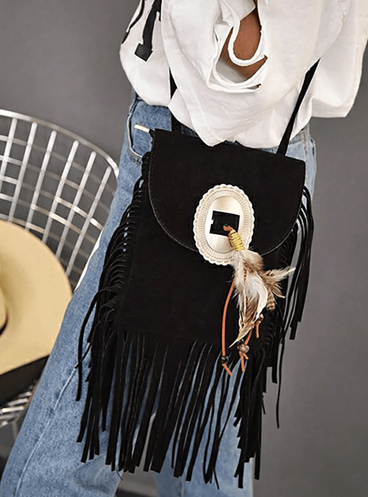 Feather Fringe Crossbody Bag - Burnout