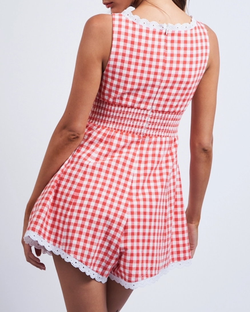 Lace Trim Gingham Romper