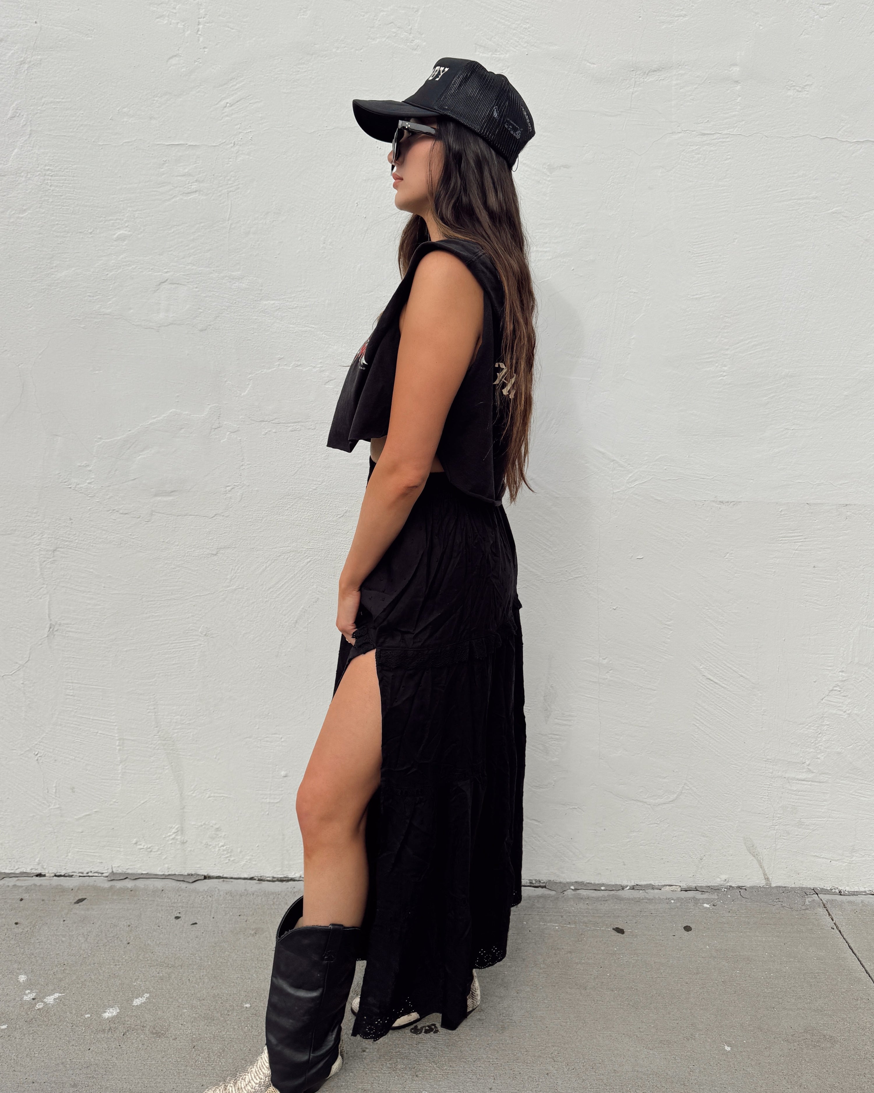 Tiered Slit Maxi Skirt - Black - Burnout