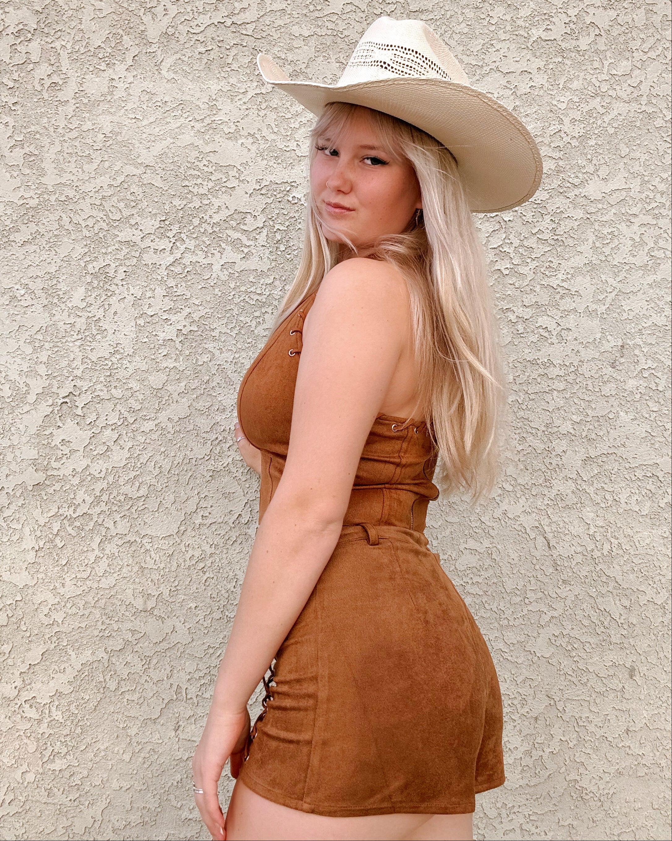 Suede Whipstitch Halter Top - Tan