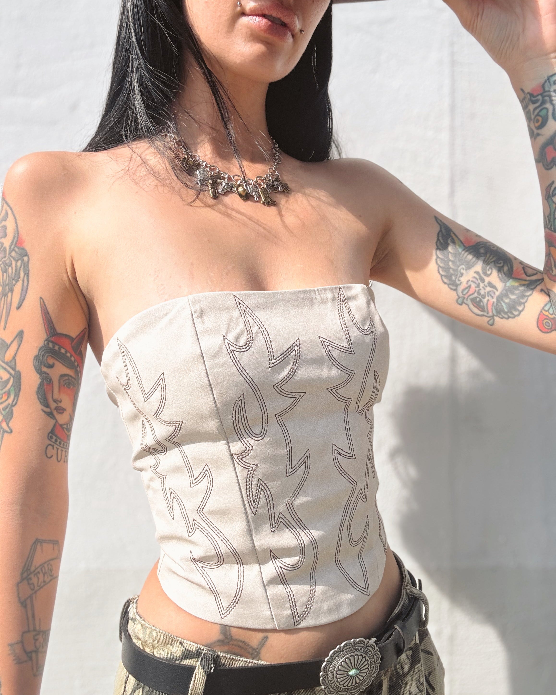 Leather Saddle Stitch Corset Top - Cream - Burnout