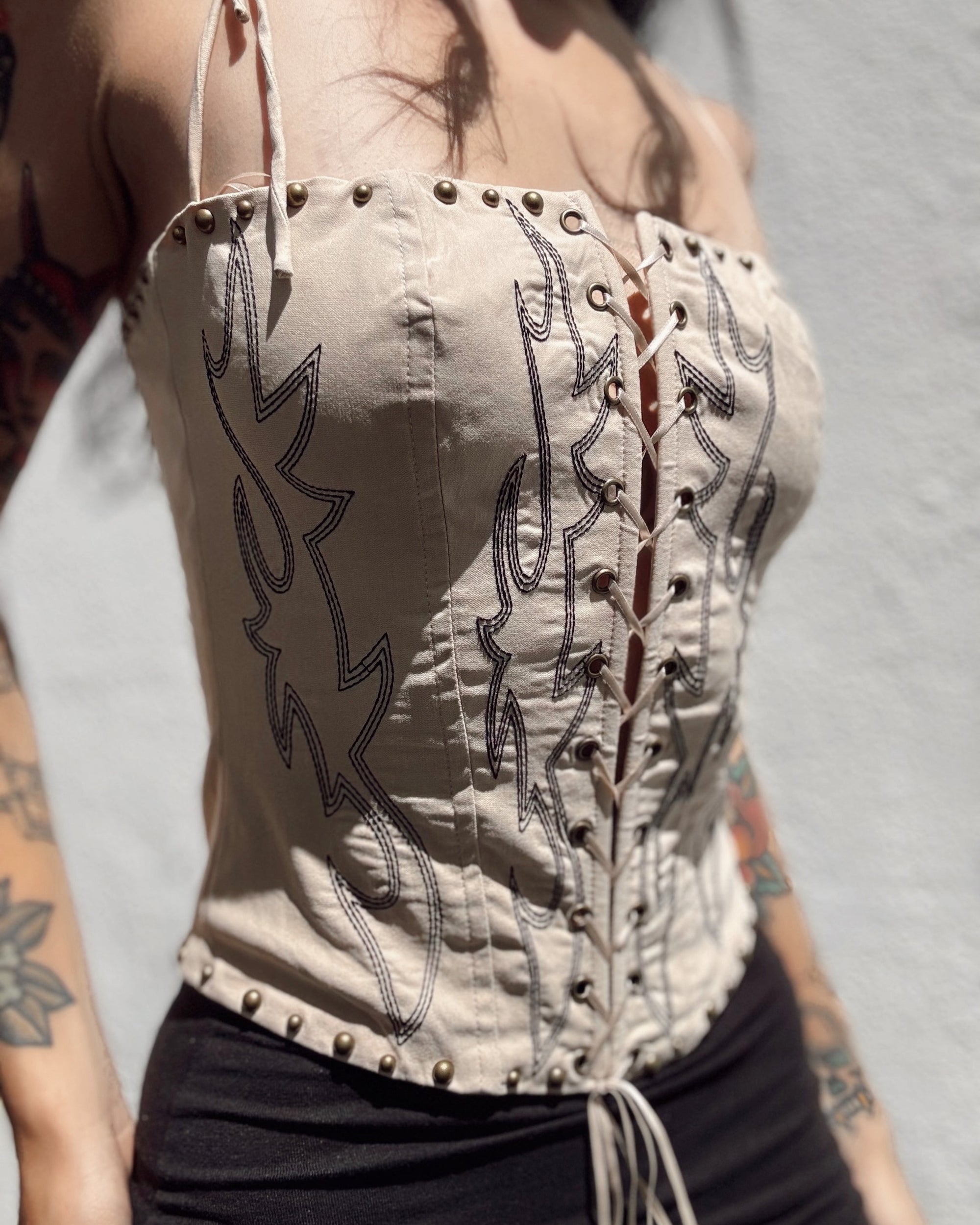 Studded Stitch Corset Top - Cream