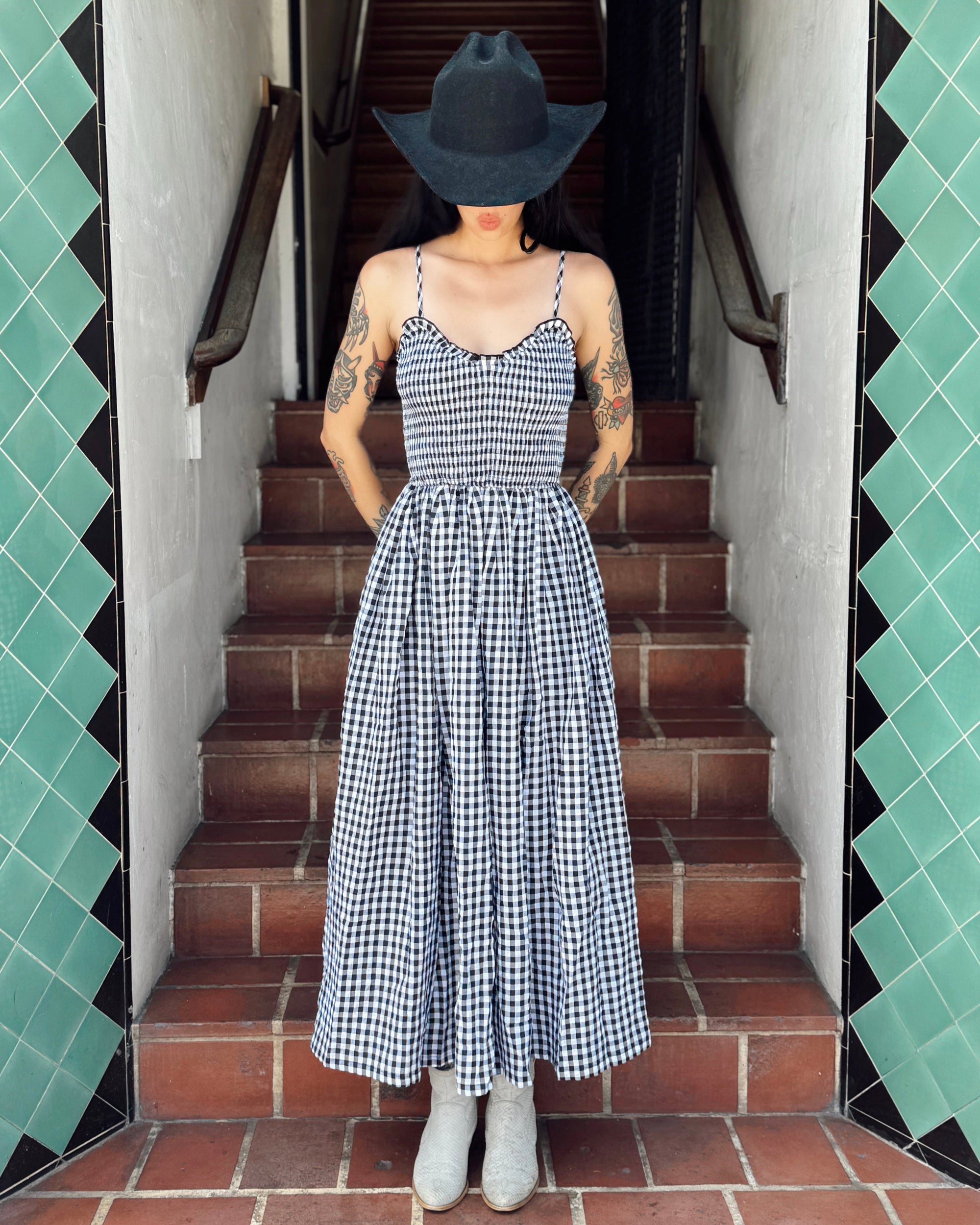 Smocked Gingham Midi Dress - Black