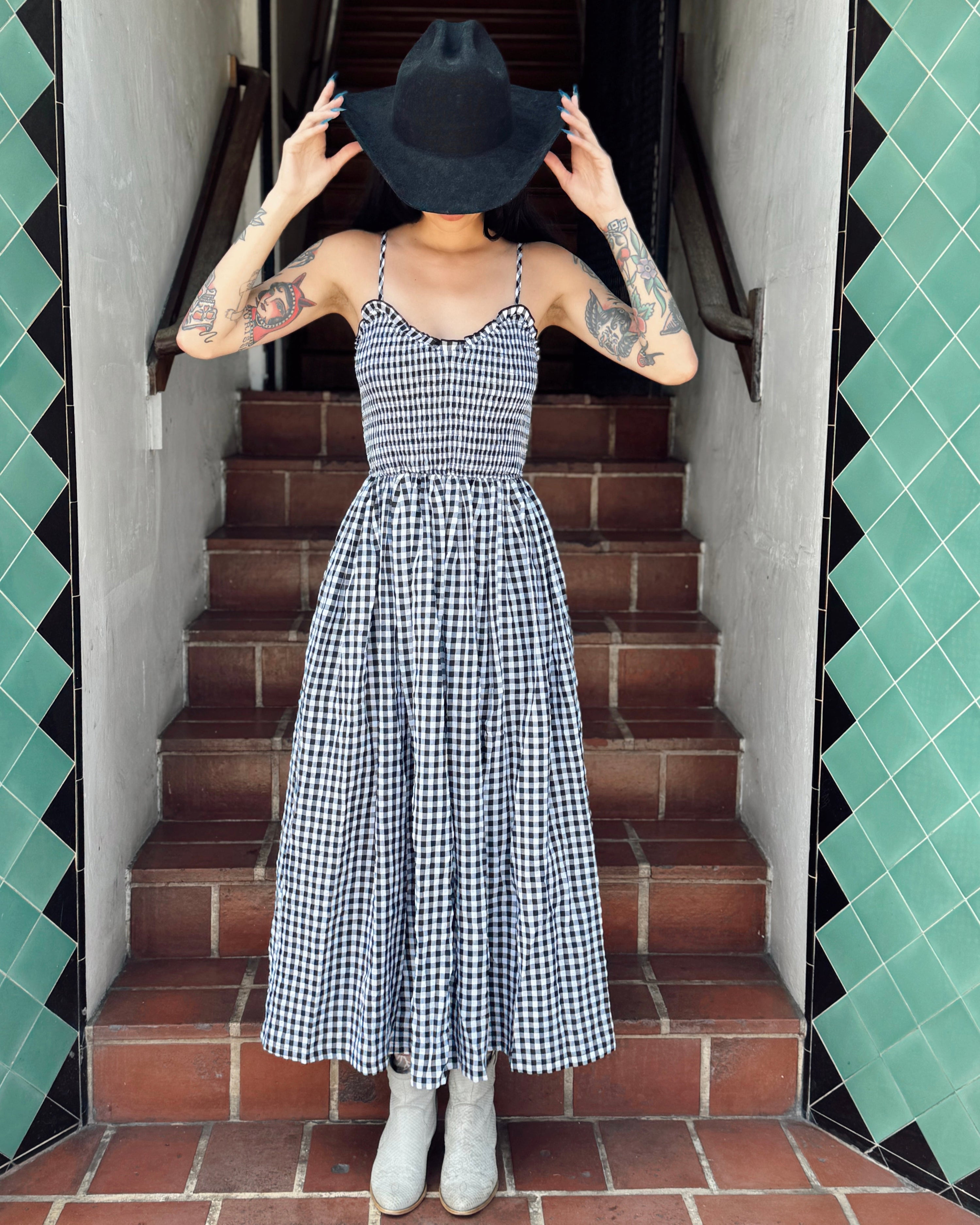 Smocked Gingham Midi Dress - Black