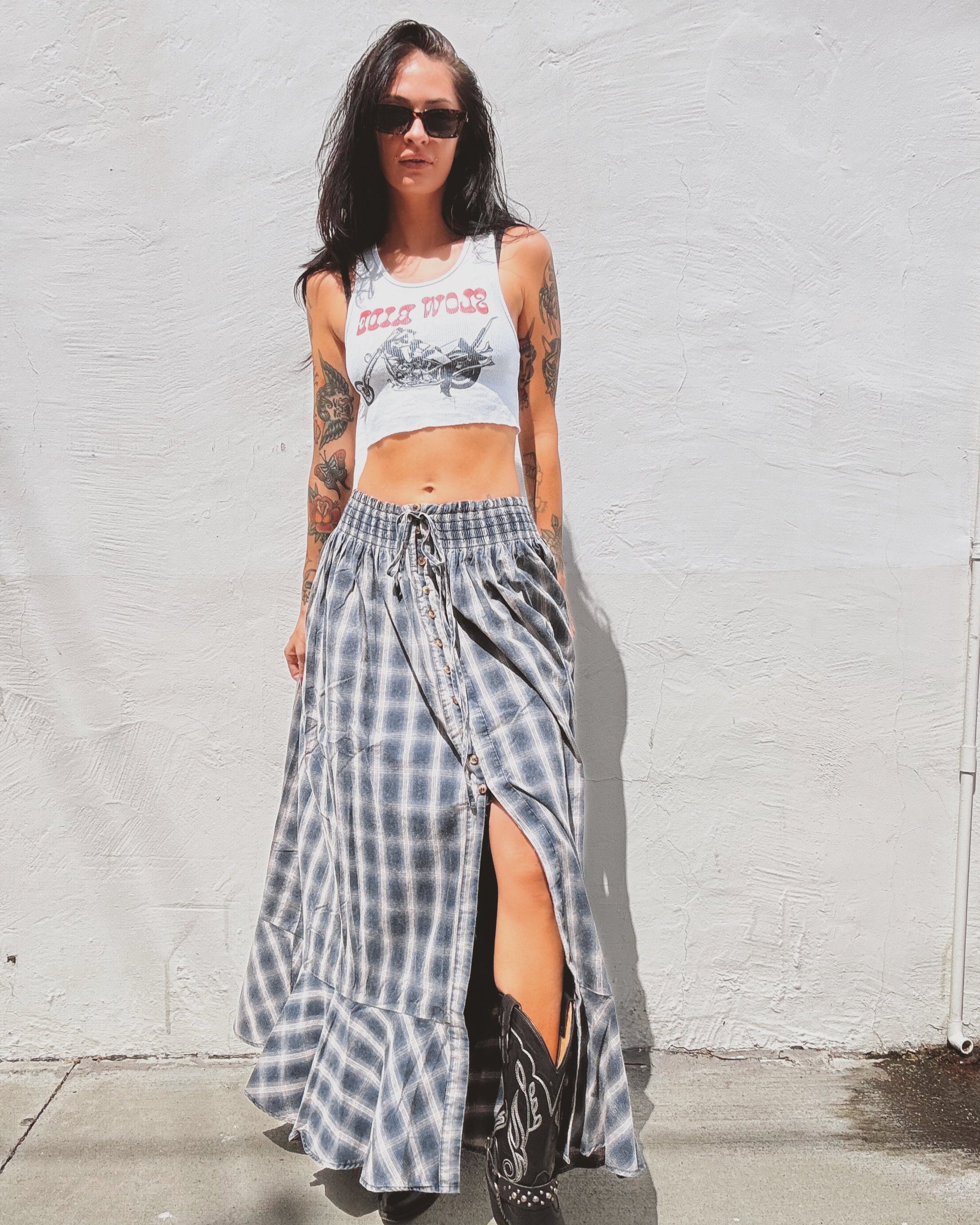 Plaid Ruffle Trim Maxi Skirt