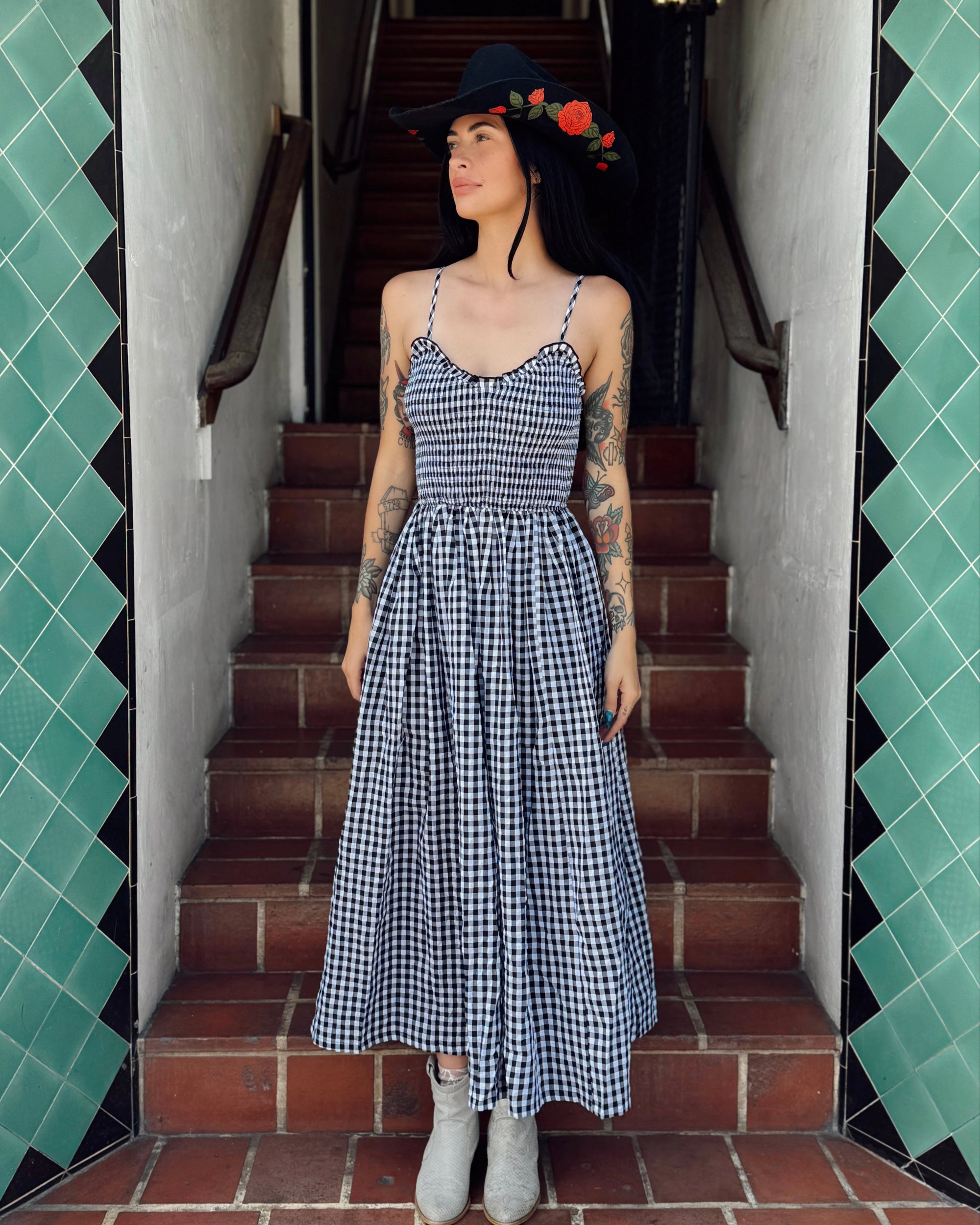 Smocked Gingham Midi Dress - Black