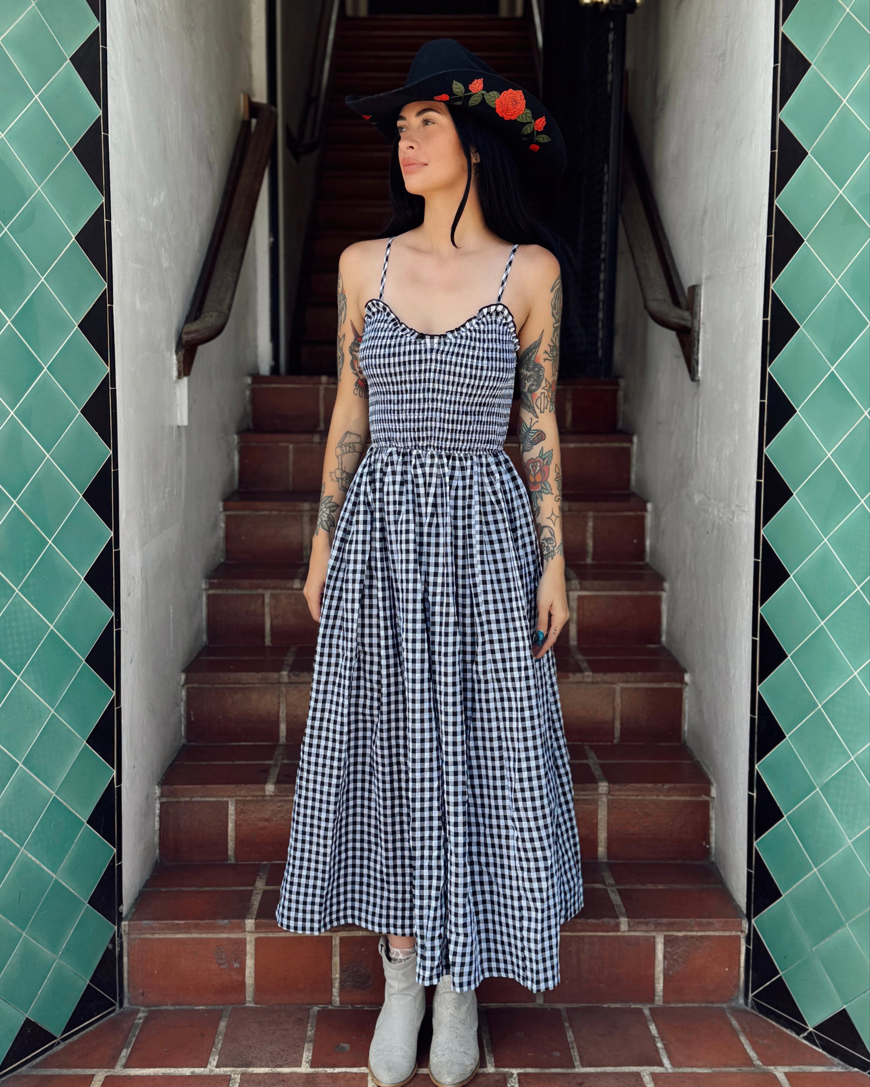 Smocked Gingham Midi Dress - Black