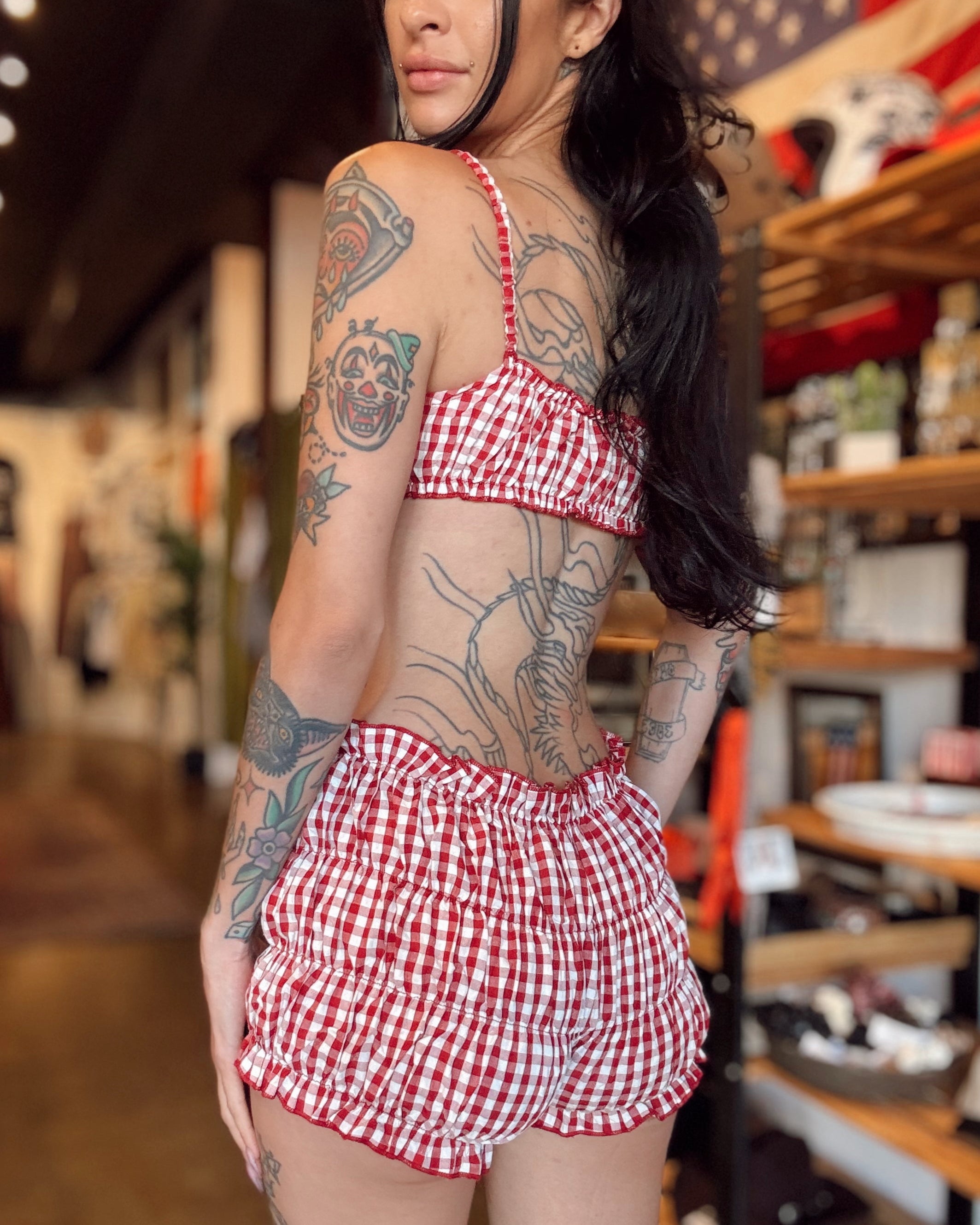 Gingham Bralette Top - Red - Burnout