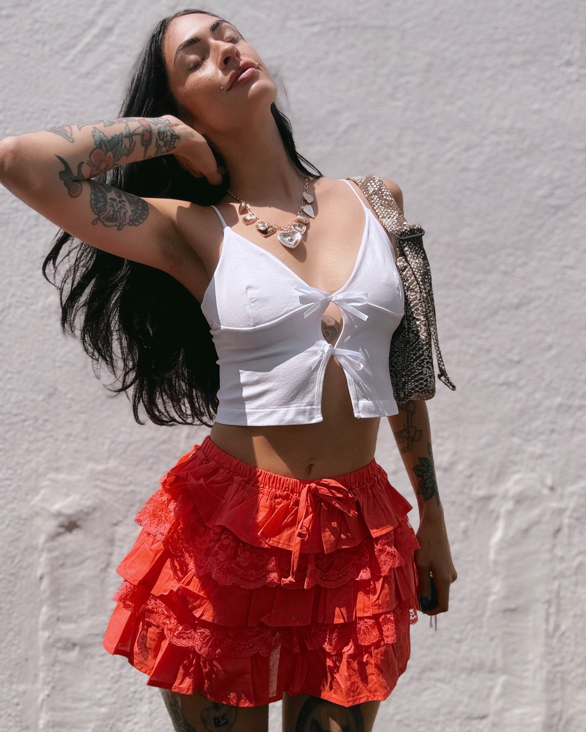 Tiered Ruffle Lace Mini Skort - Tomato