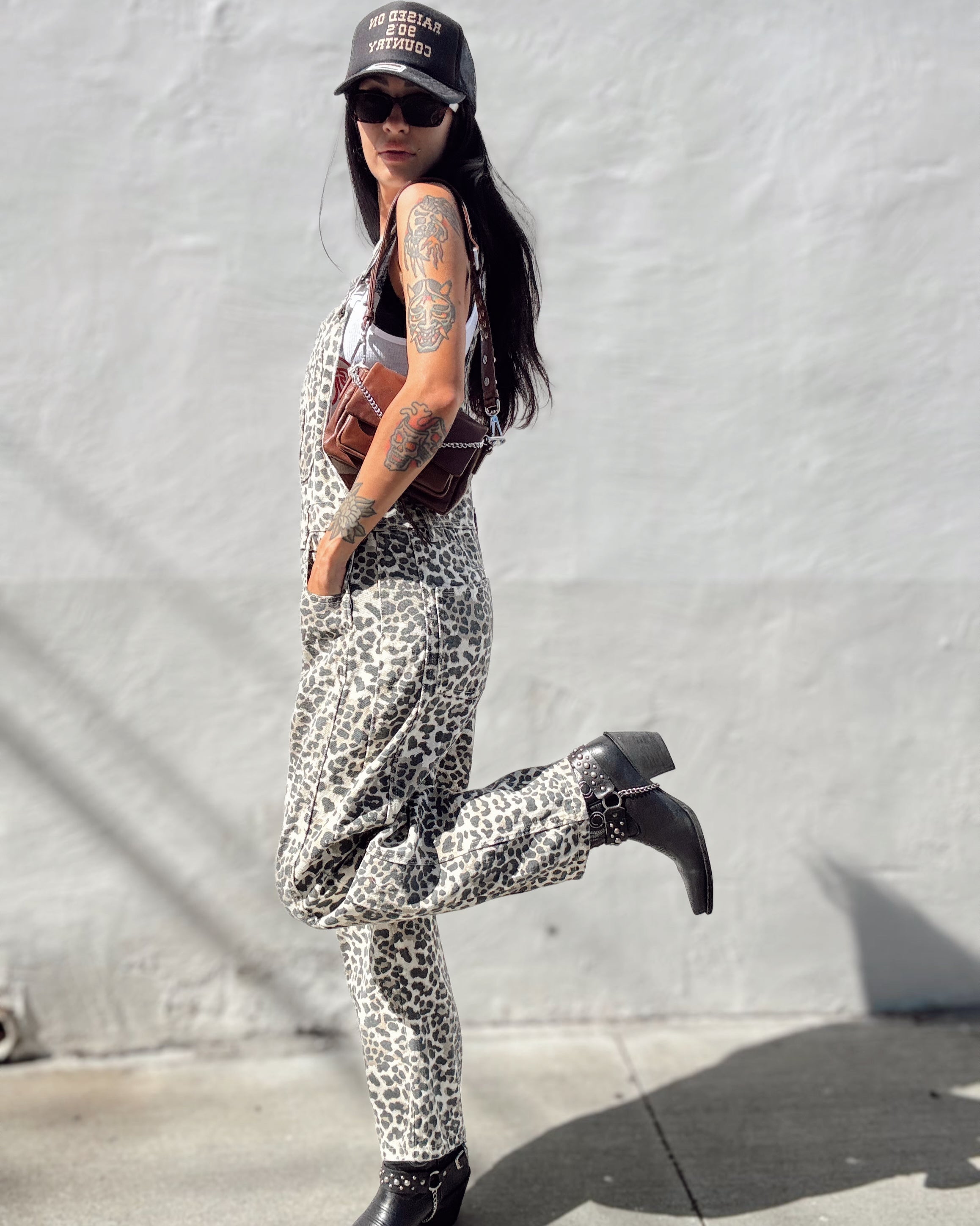 Denim Overalls - Leopard