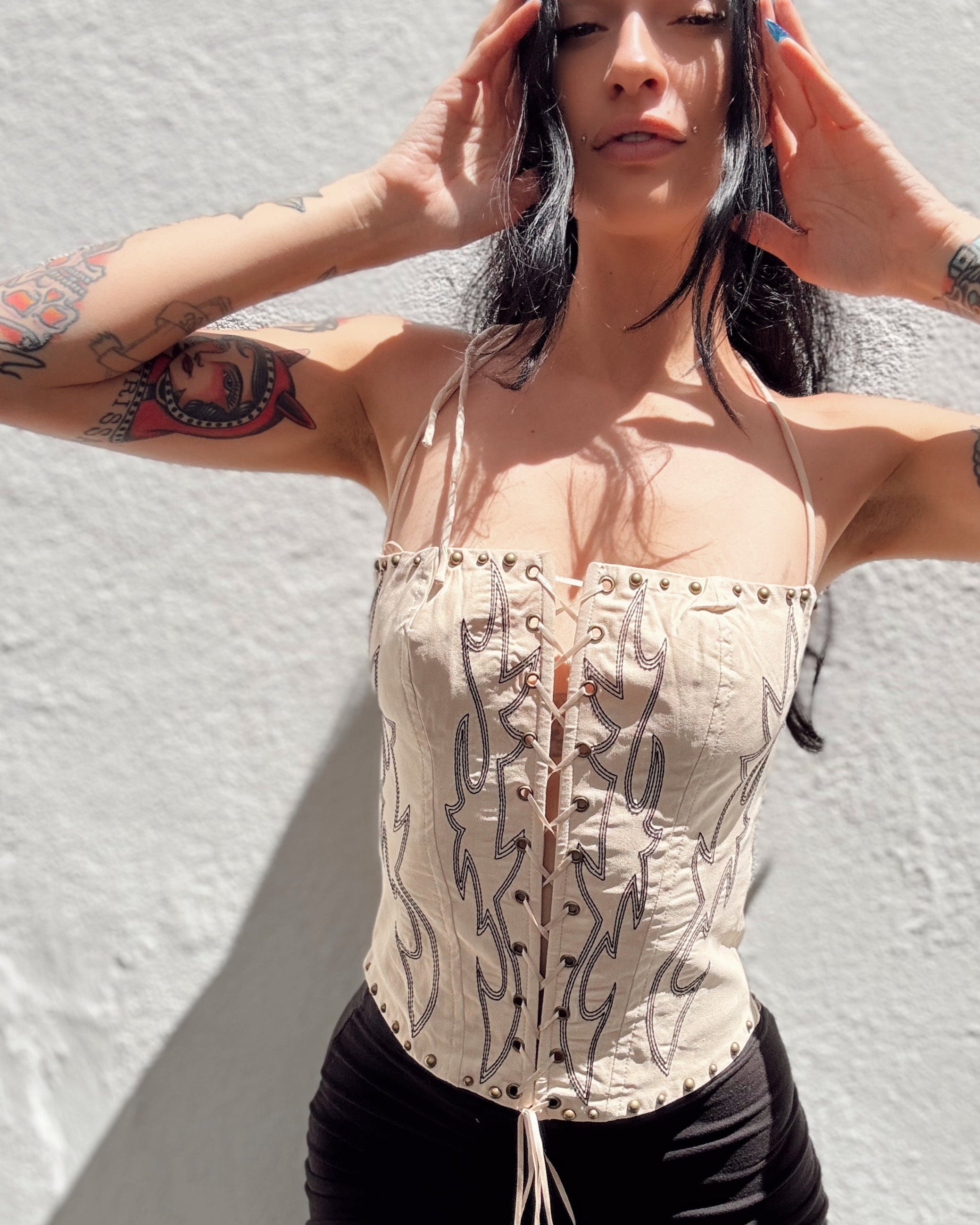 Studded Stitch Corset Top - Cream