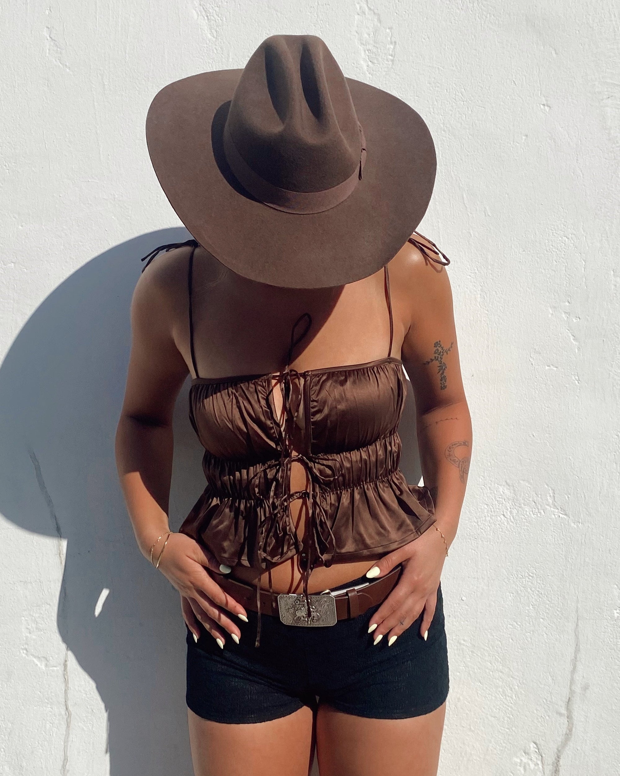 Satin Tie Front Cami - Mocha