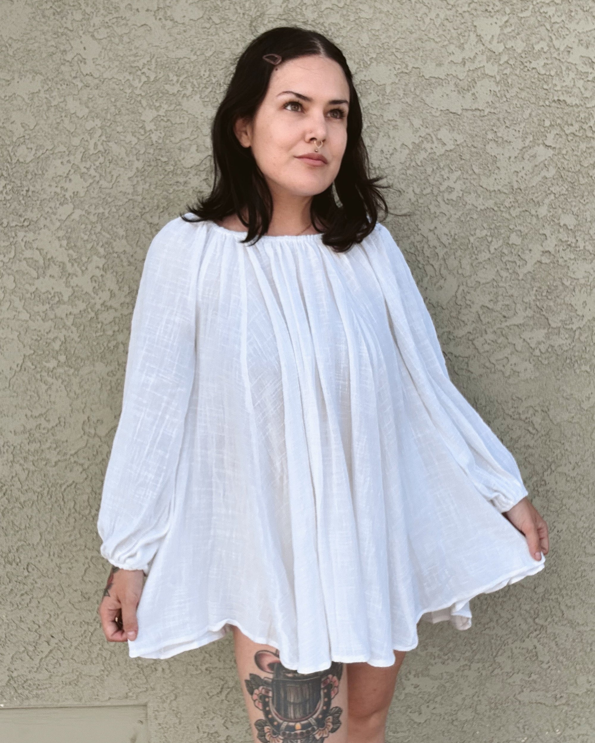 Balloon Sleeve Mini Tunic Dress - White