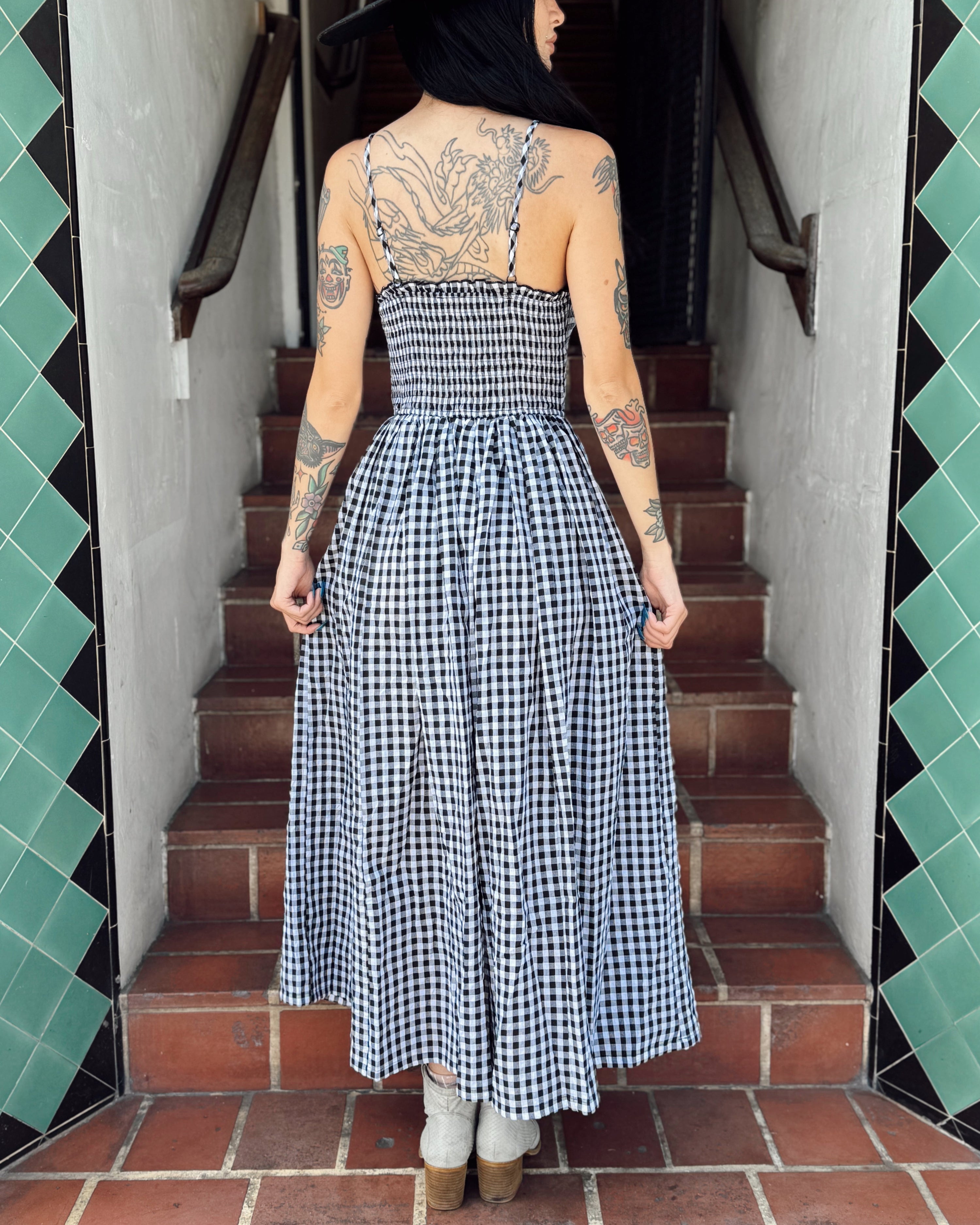 Smocked Gingham Midi Dress - Black