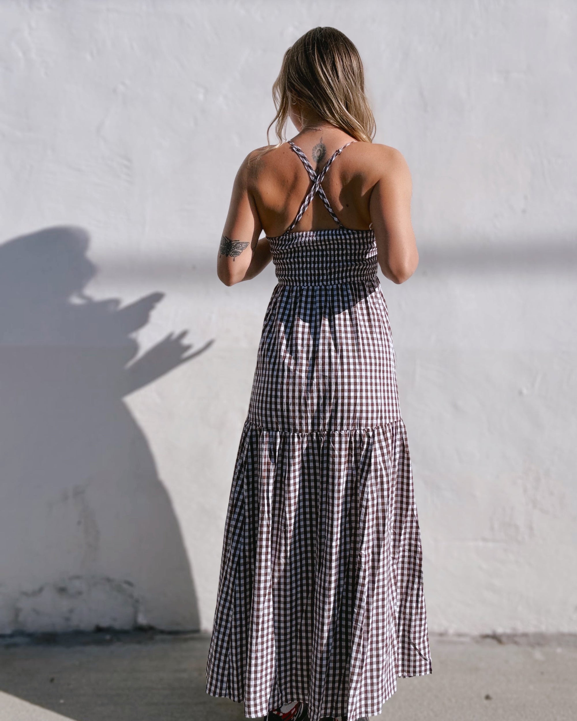 Smocked Gingham Midi Dress - Brown
