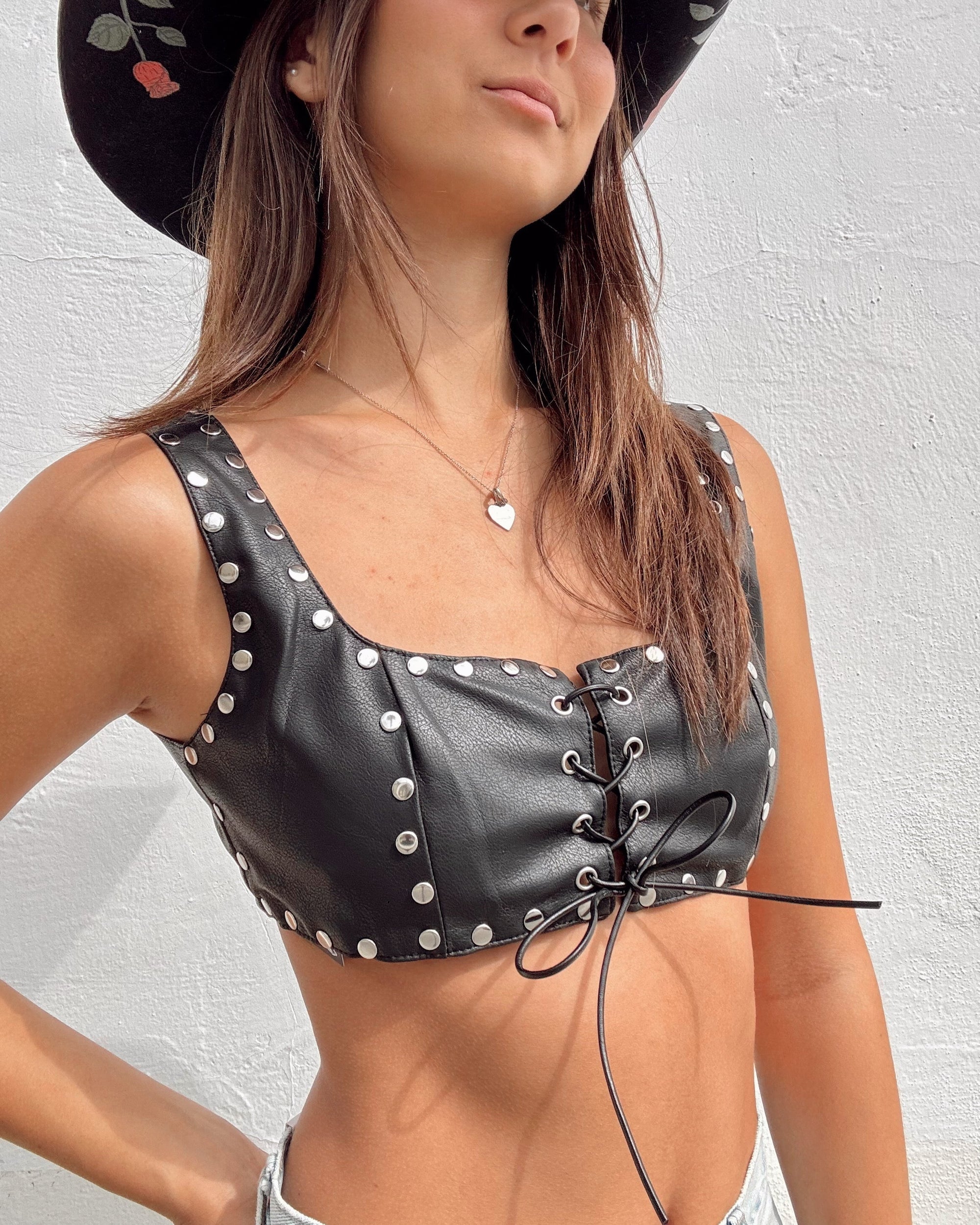 Leather Studded Tie Front Top