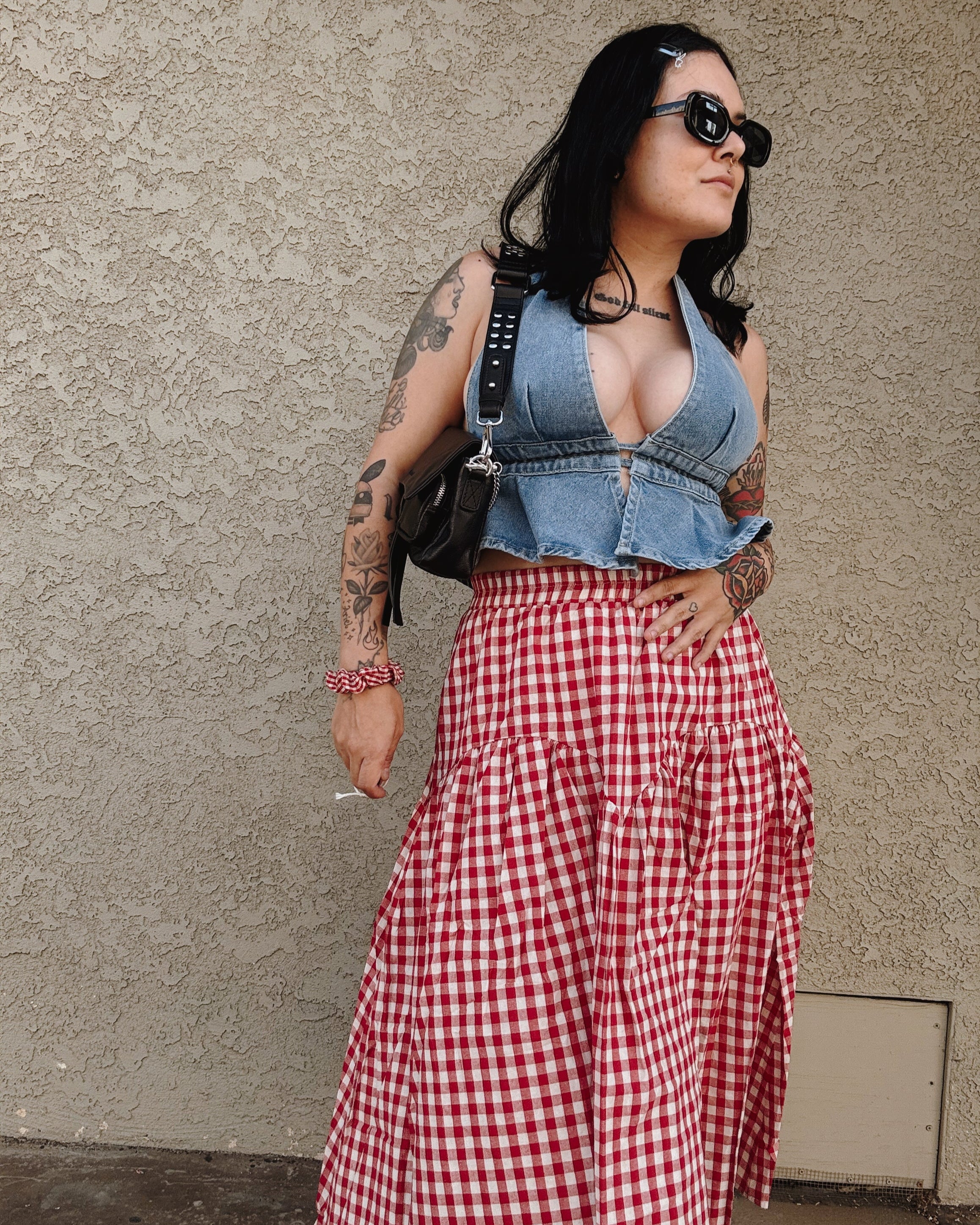 Gingham Midi Skirt - Red - Burnout