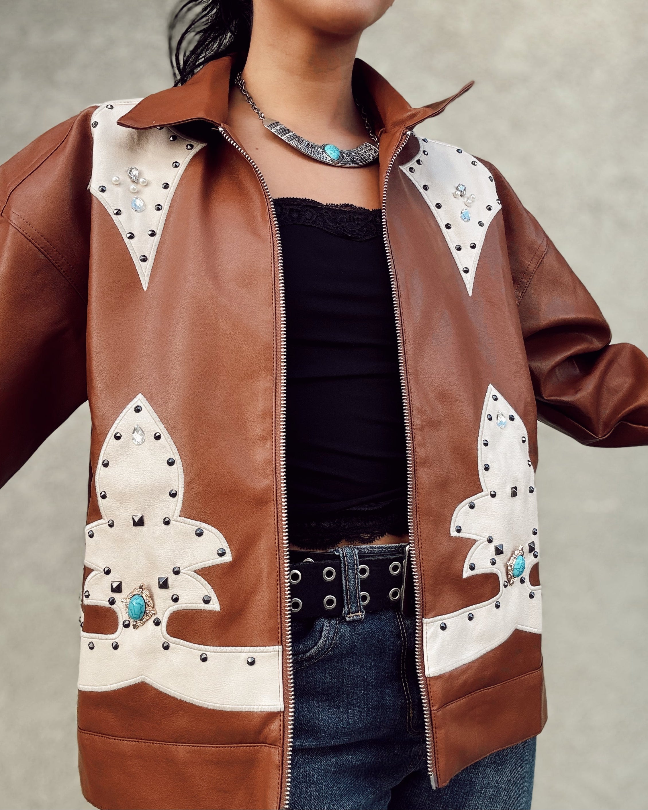 Western Stud Detail Leather Jacket