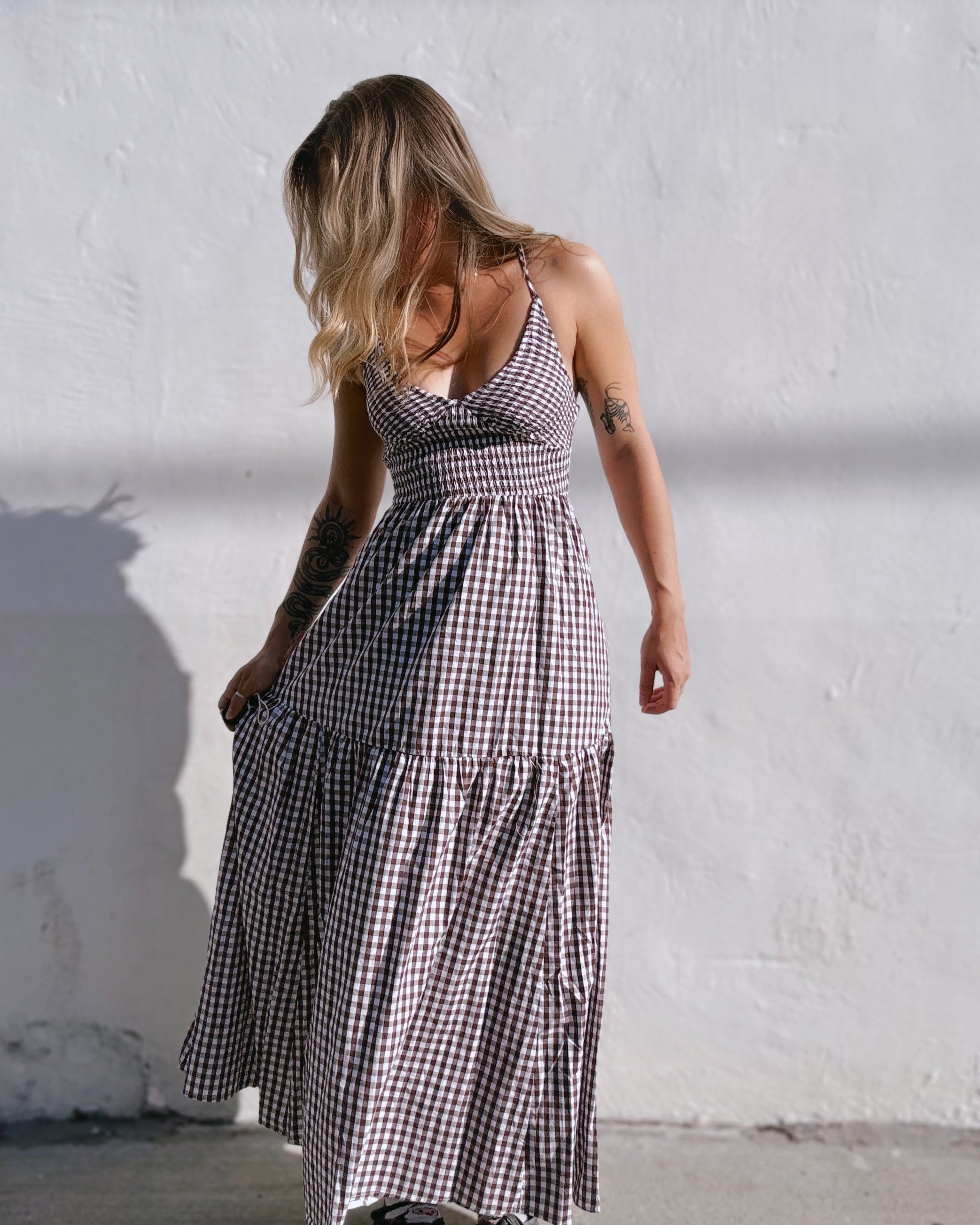 Smocked Gingham Midi Dress - Brown