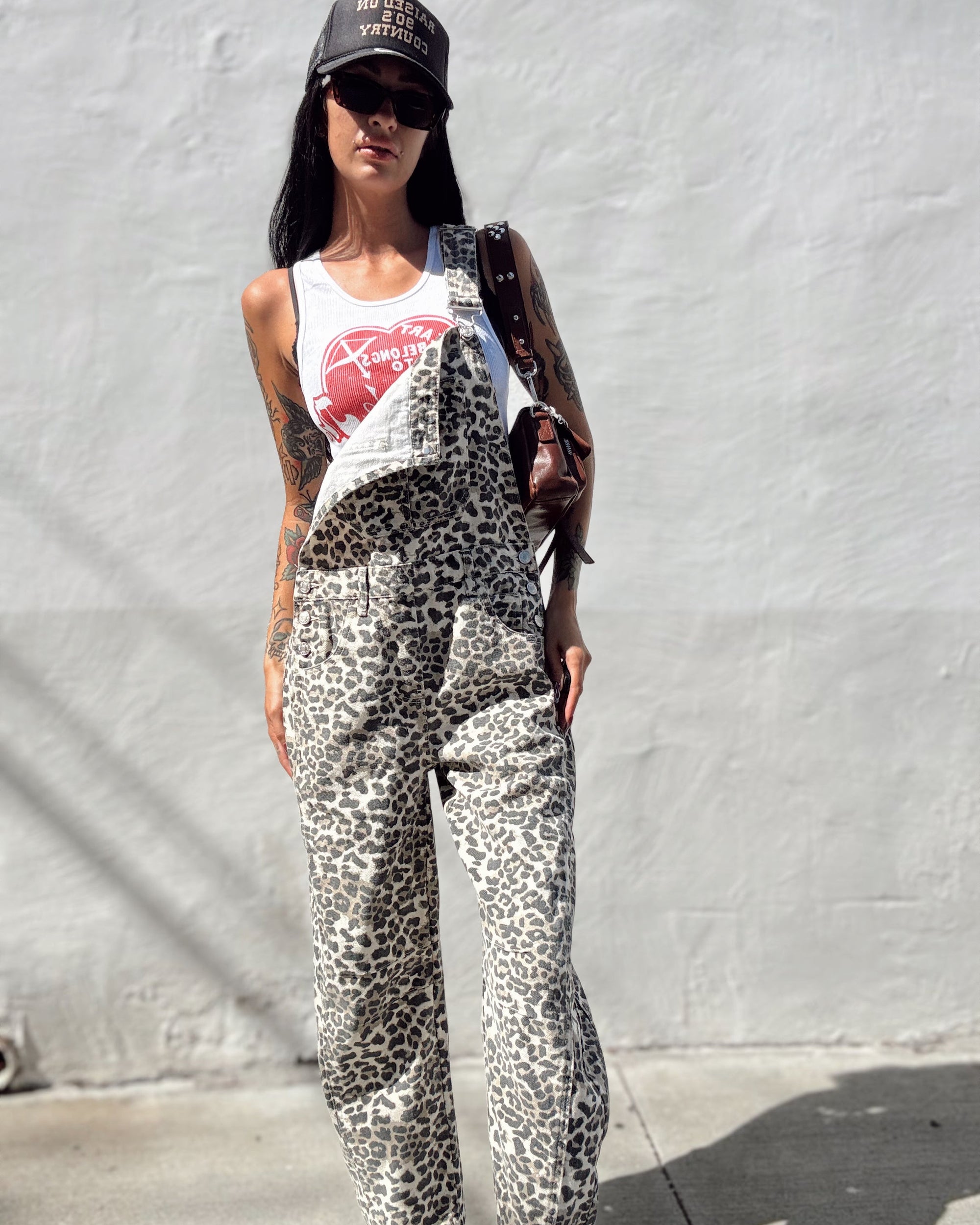 Denim Overalls - Leopard