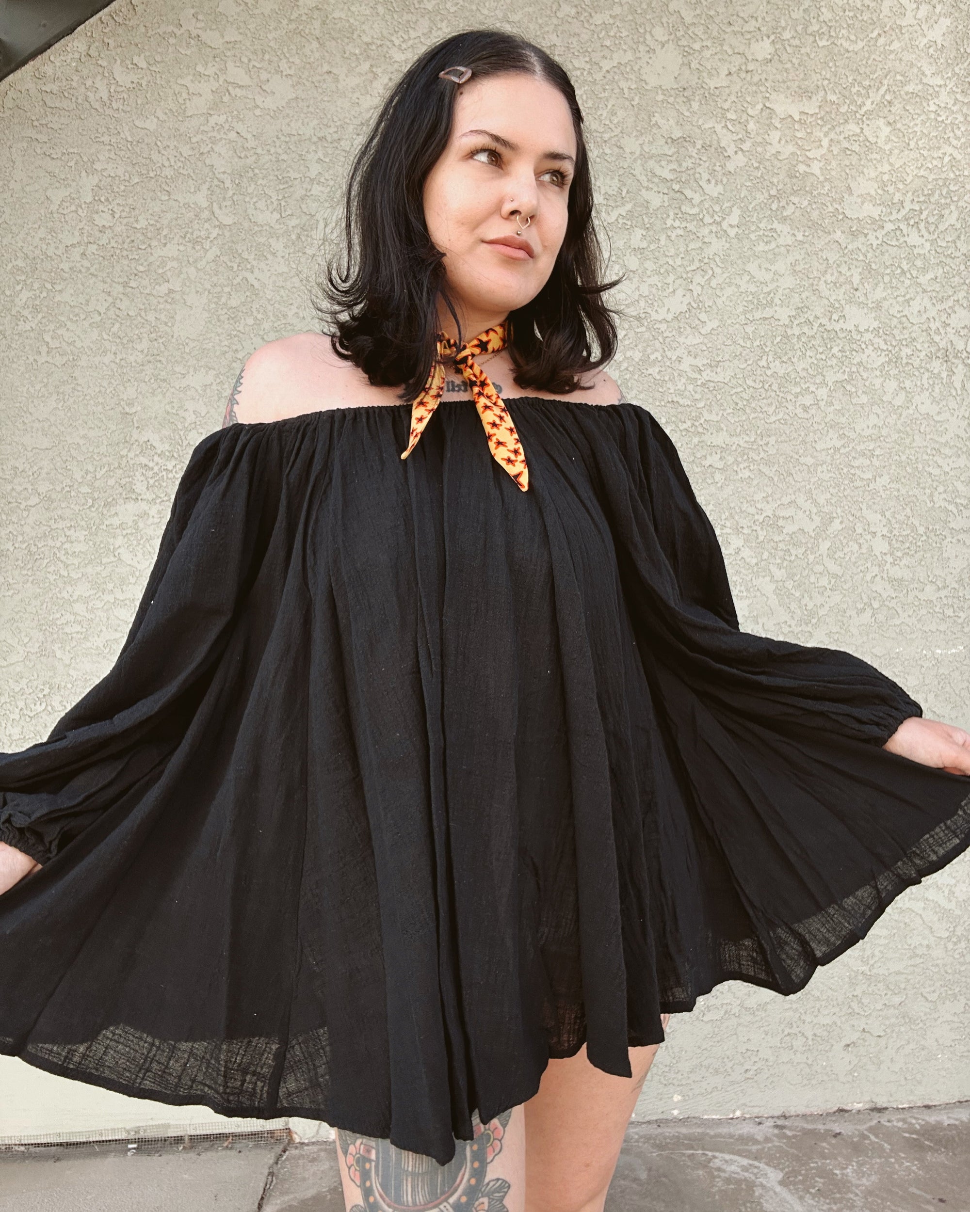 Balloon Sleeve Mini Tunic Dress - Black