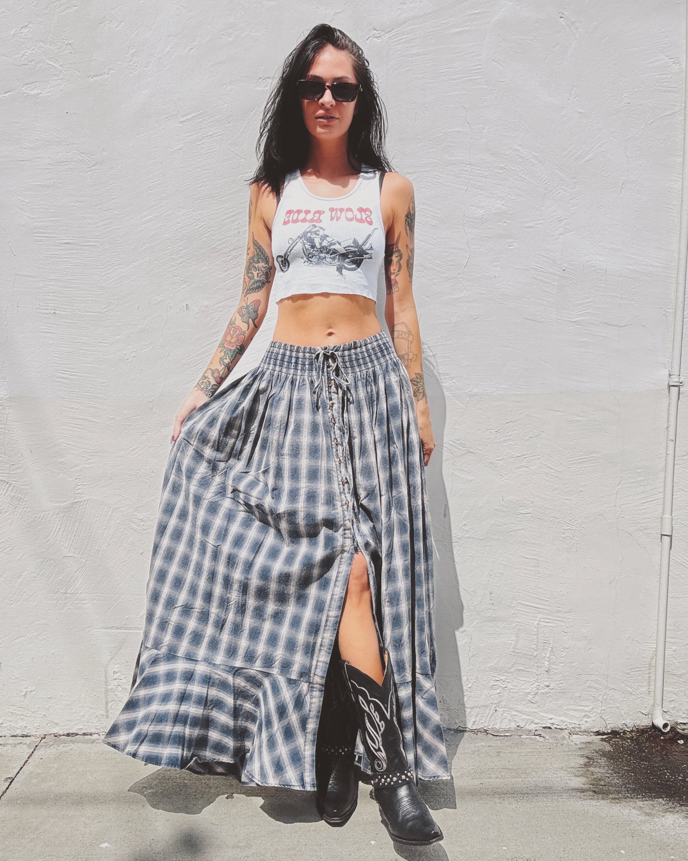 Plaid Ruffle Trim Maxi Skirt