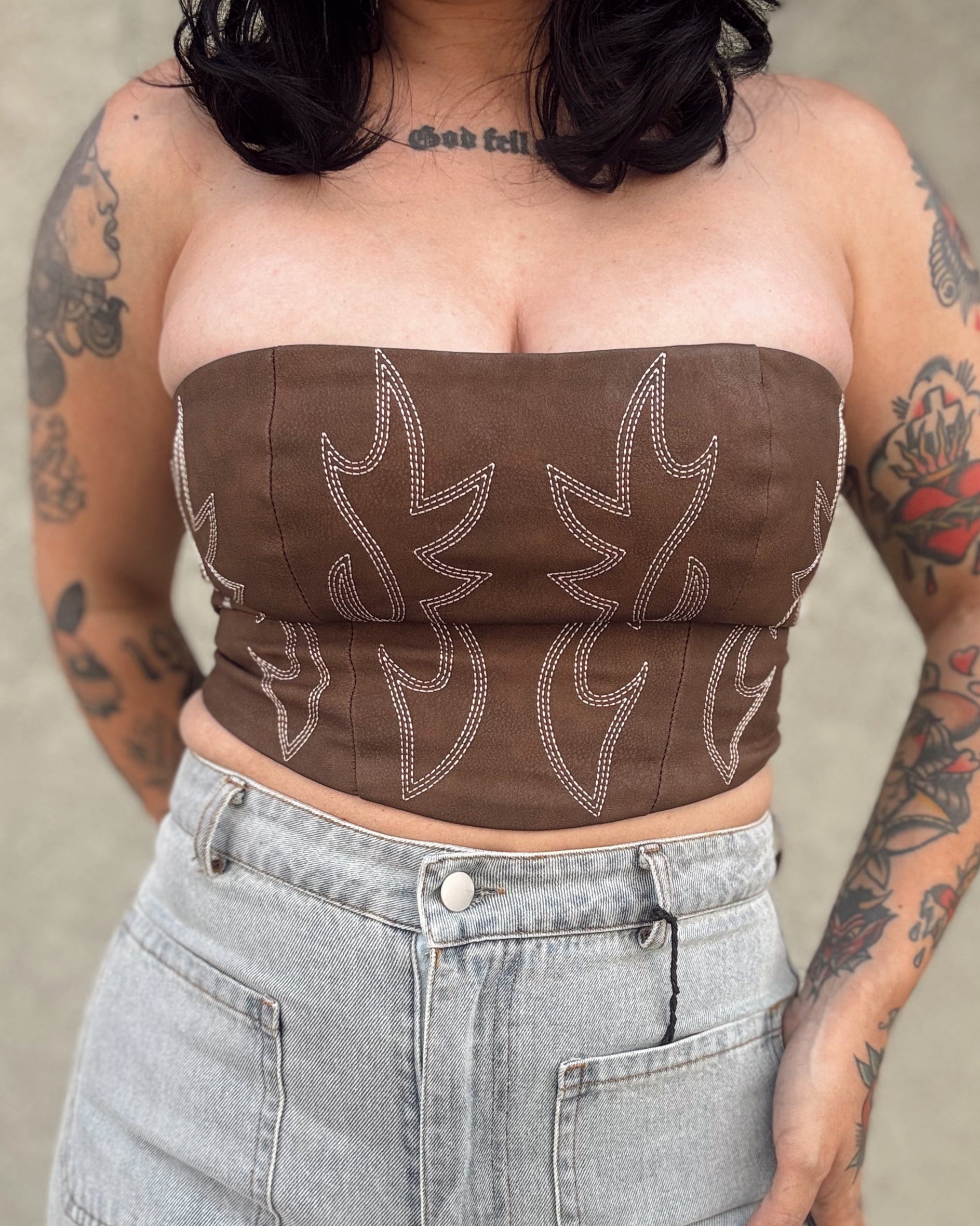 Leather Saddle Stitch Corset Top - Brown - Burnout