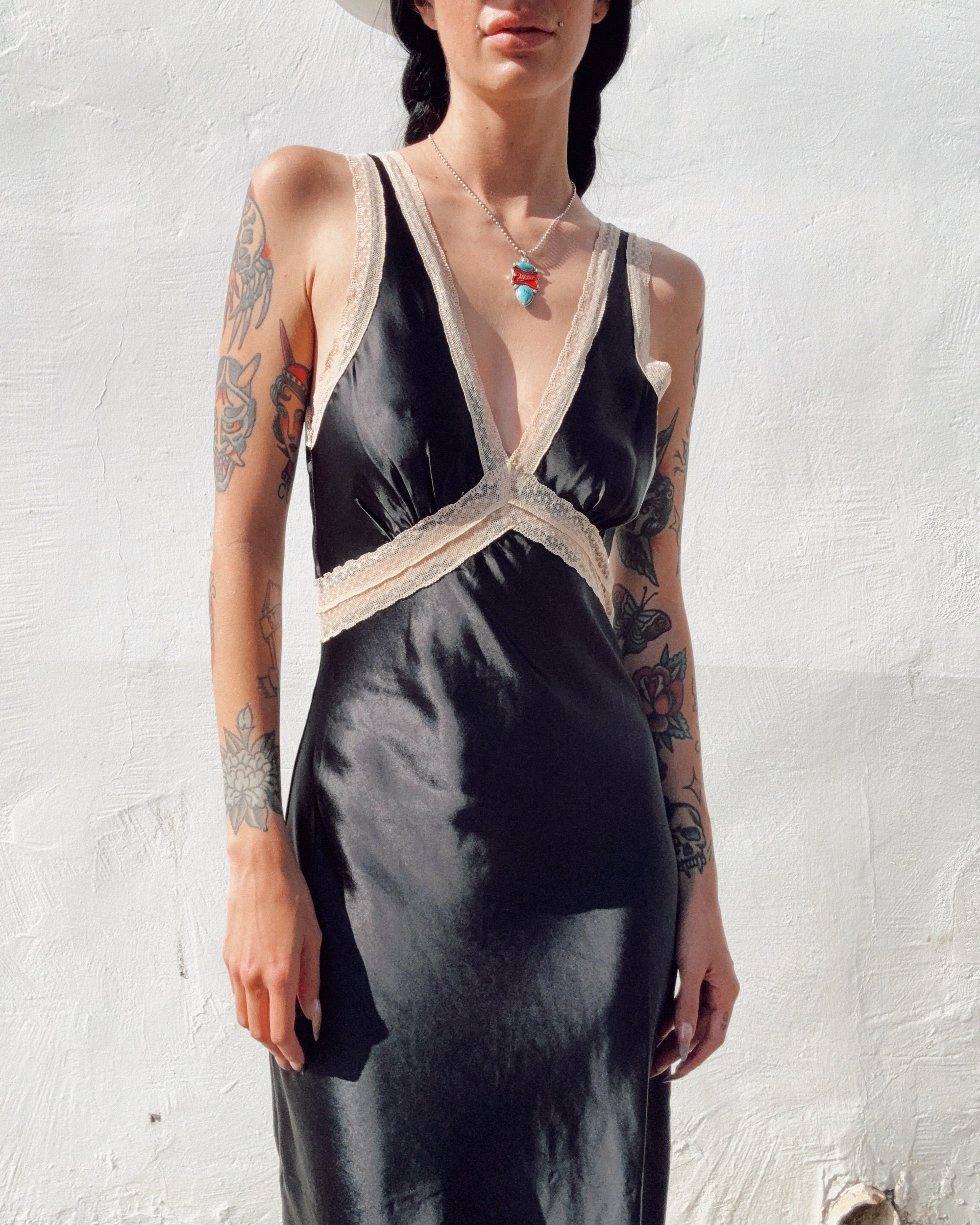 Lace Trim Satin Maxi Dress