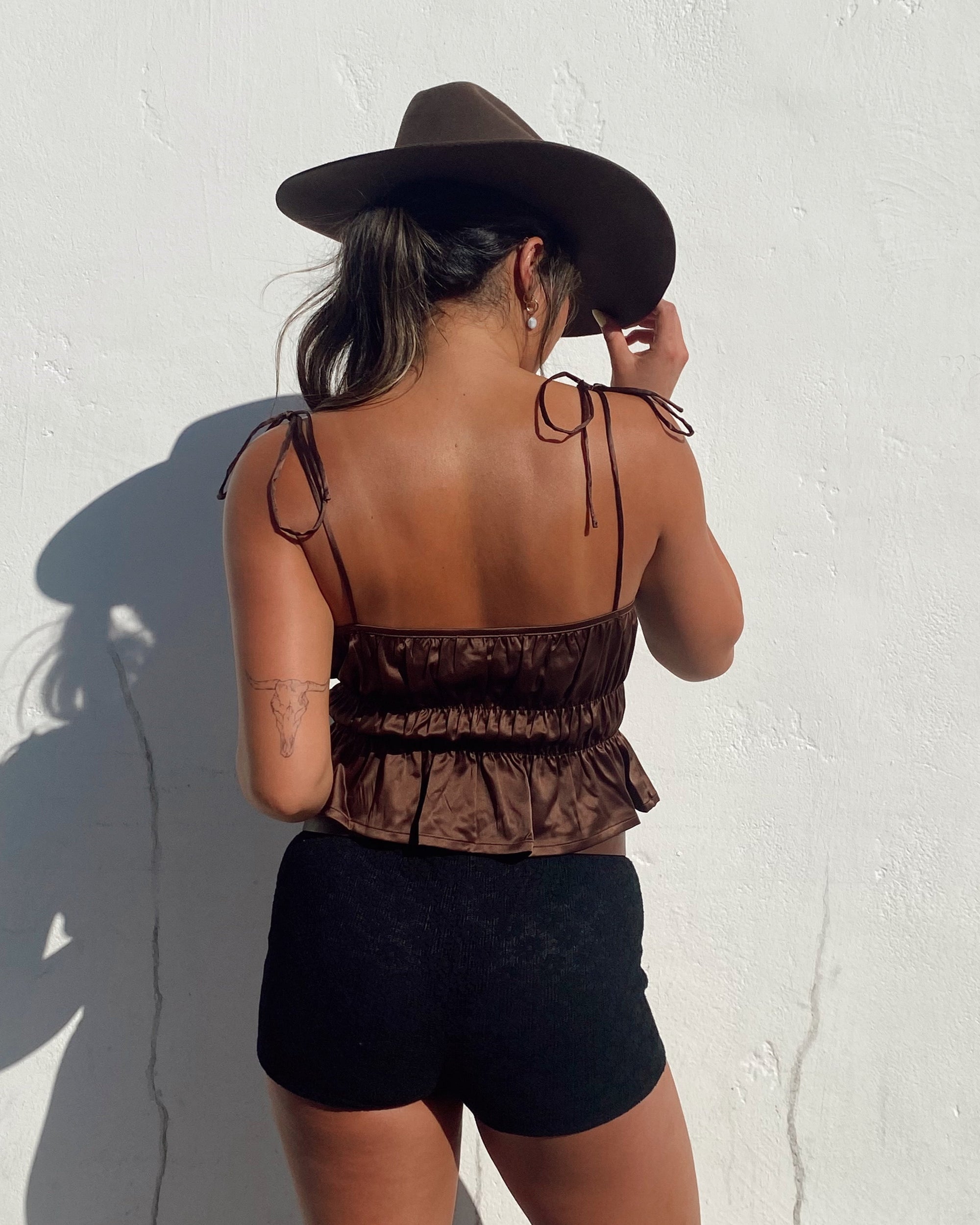 Satin Tie Front Cami - Mocha