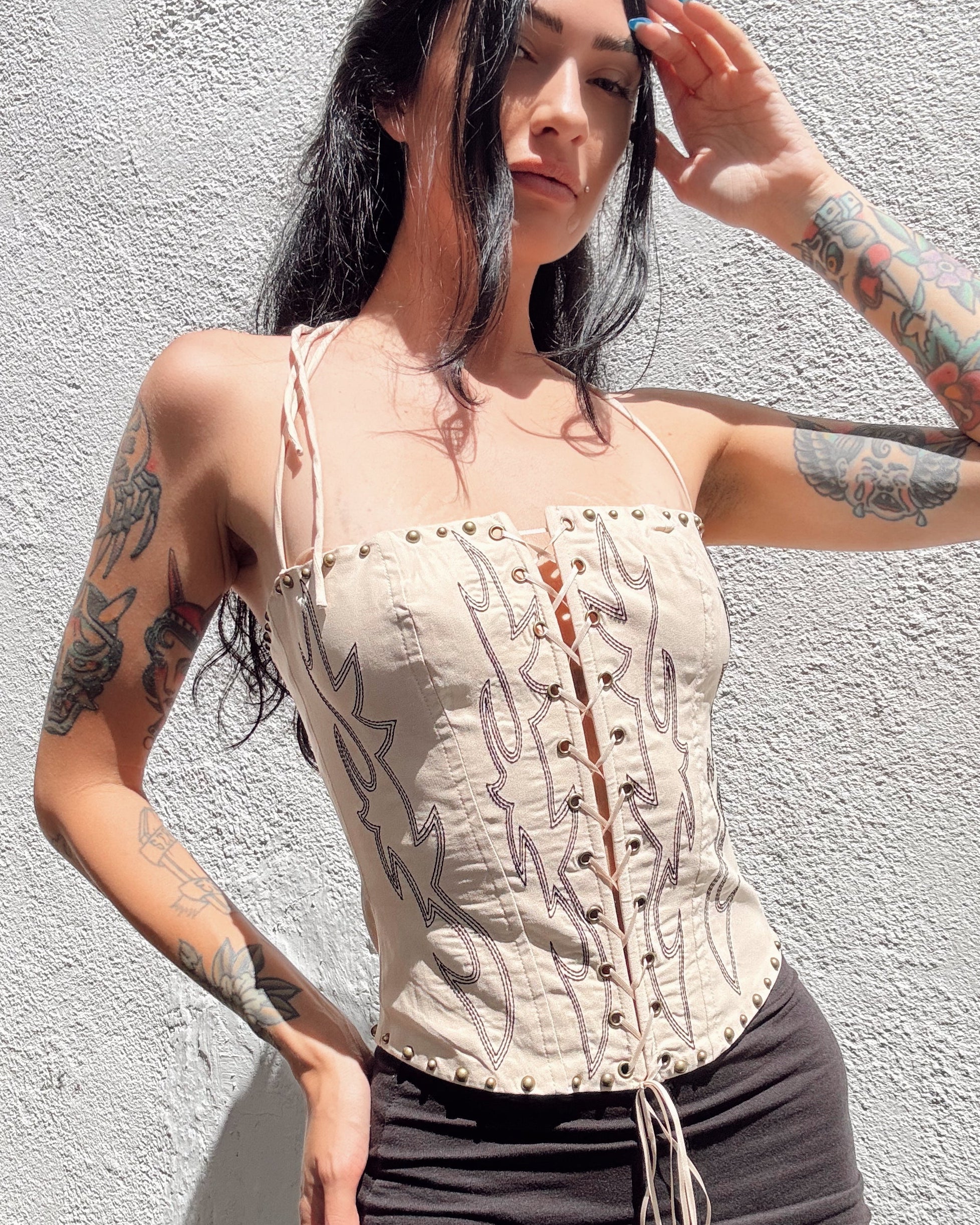 Studded Stitch Corset Top - Cream
