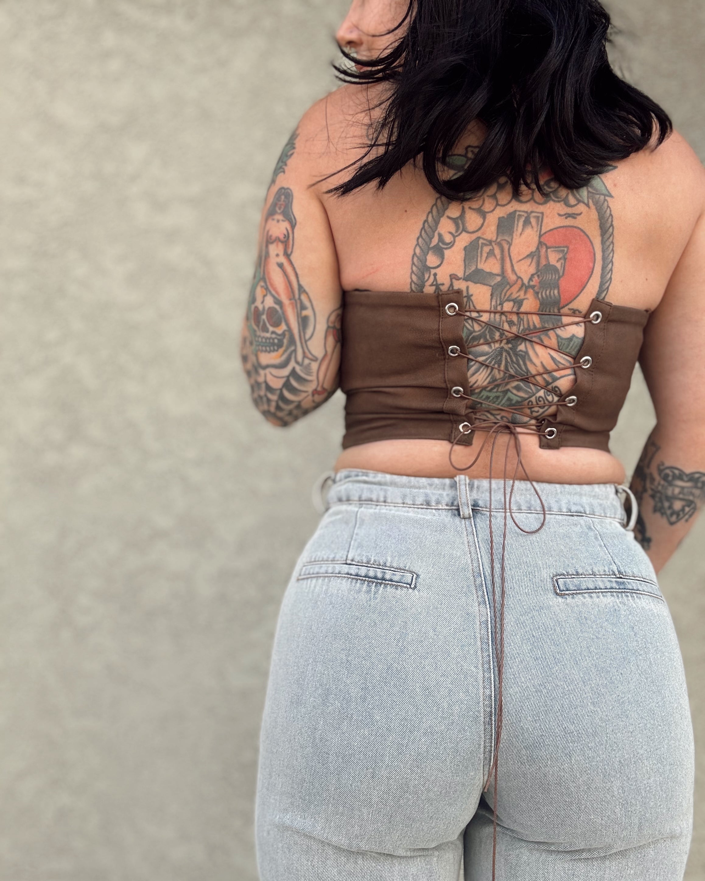 Leather Saddle Stitch Corset Top - Brown - Burnout