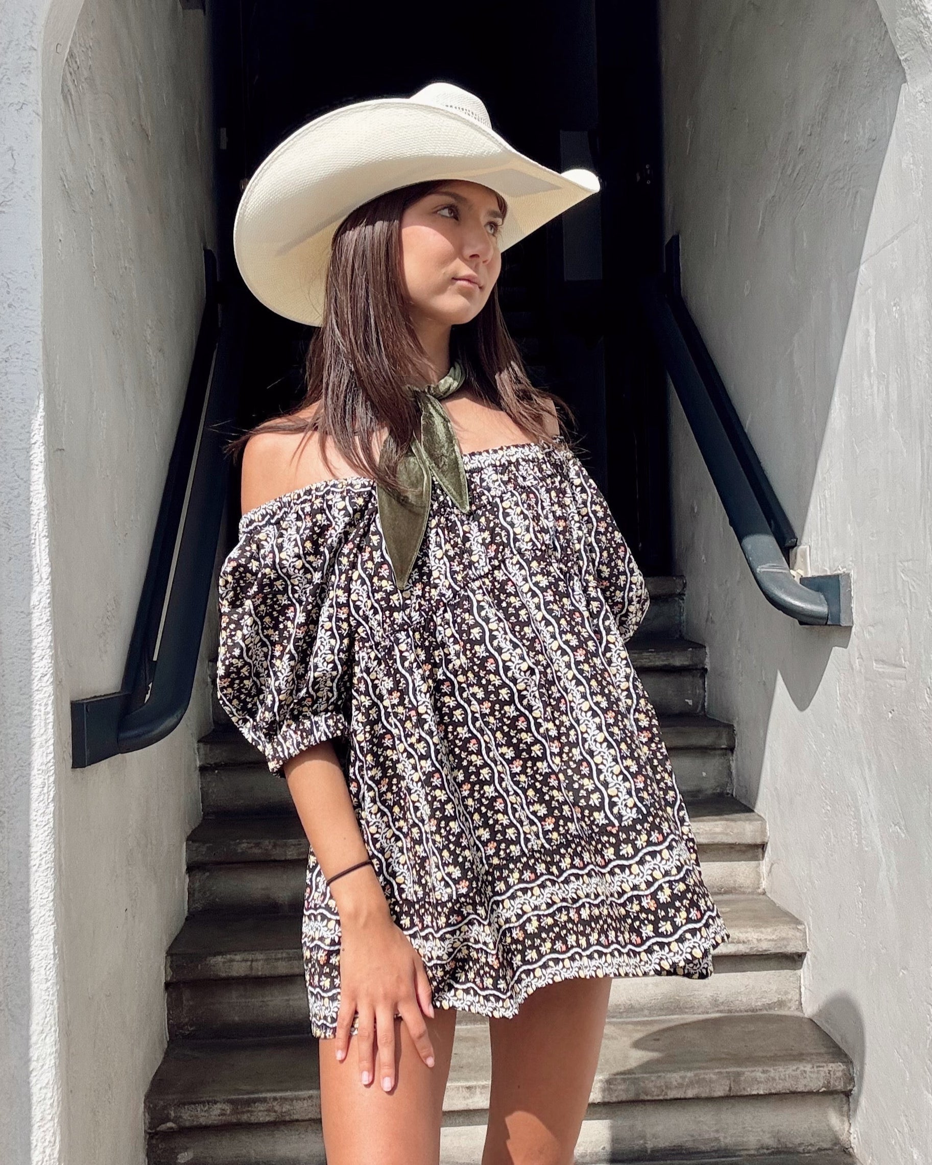 Golden Floral Mini Tunic Dress