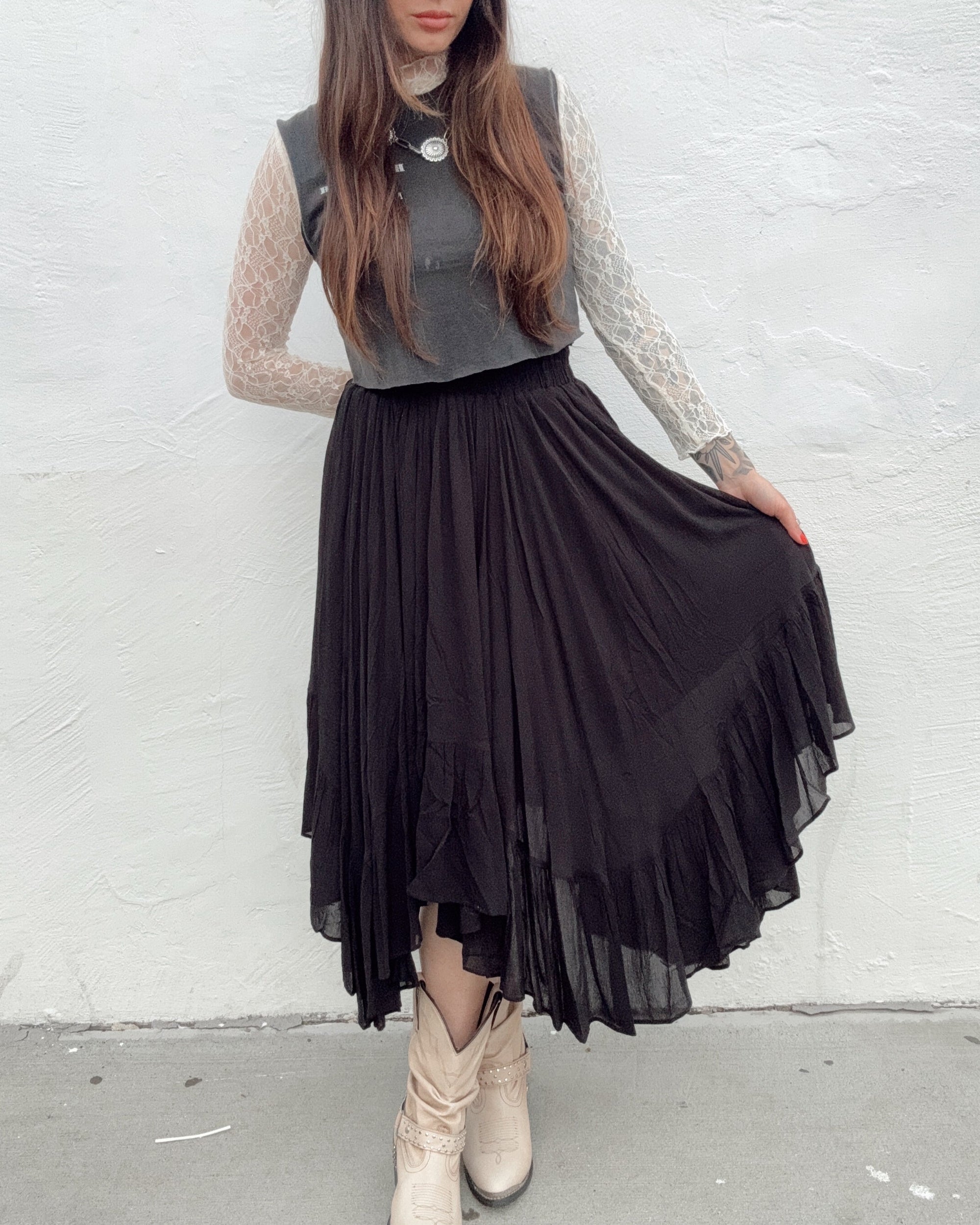 Handkerchief Hem Midi Skirt - Black