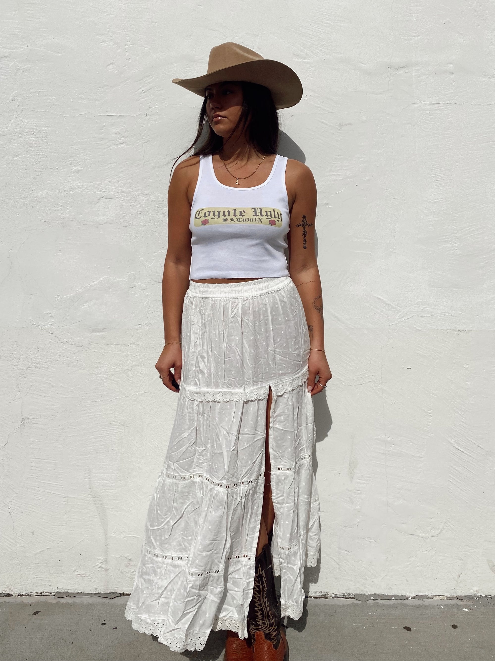 Tiered Slit Maxi Skirt - White