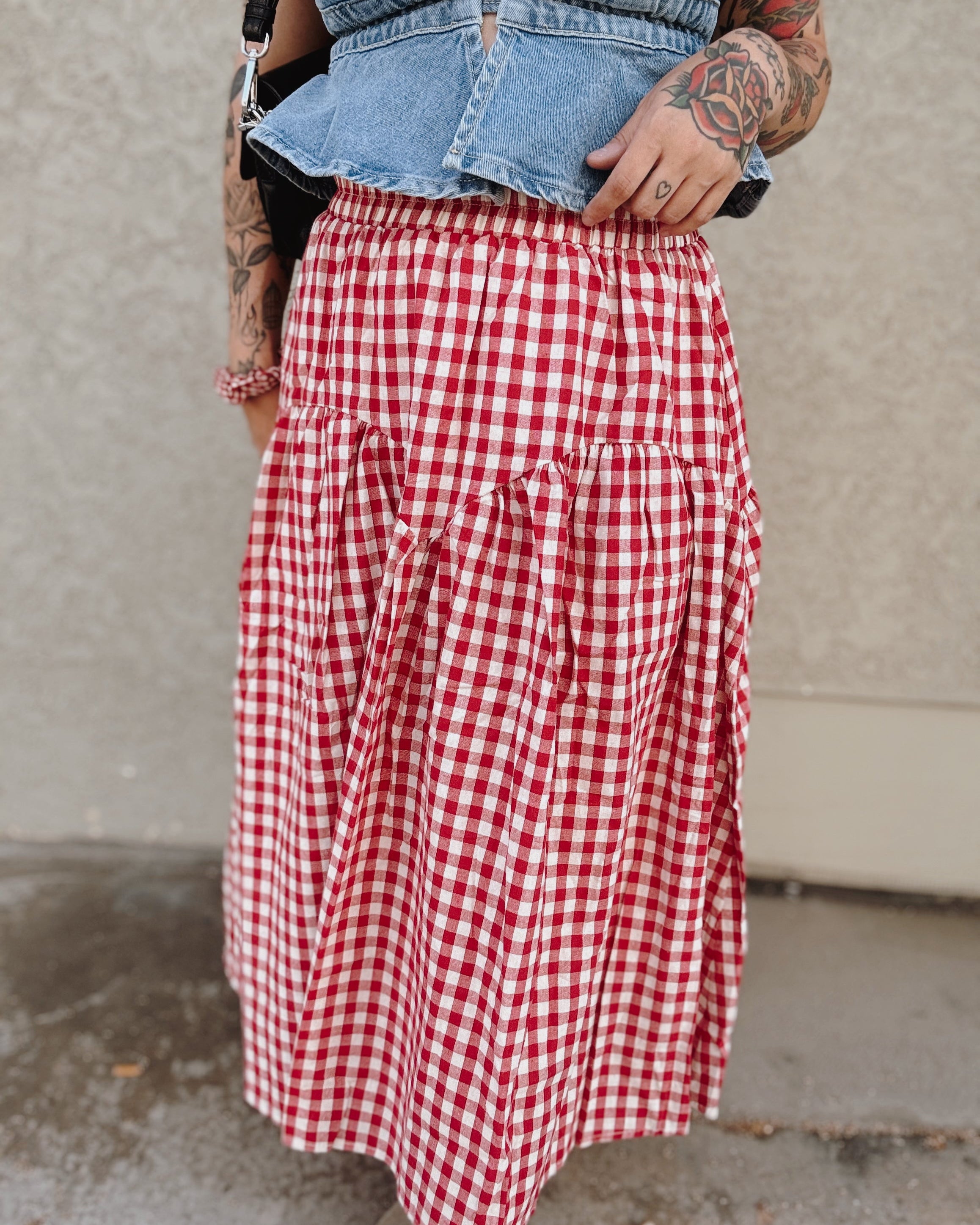 Gingham Midi Skirt - Red - Burnout