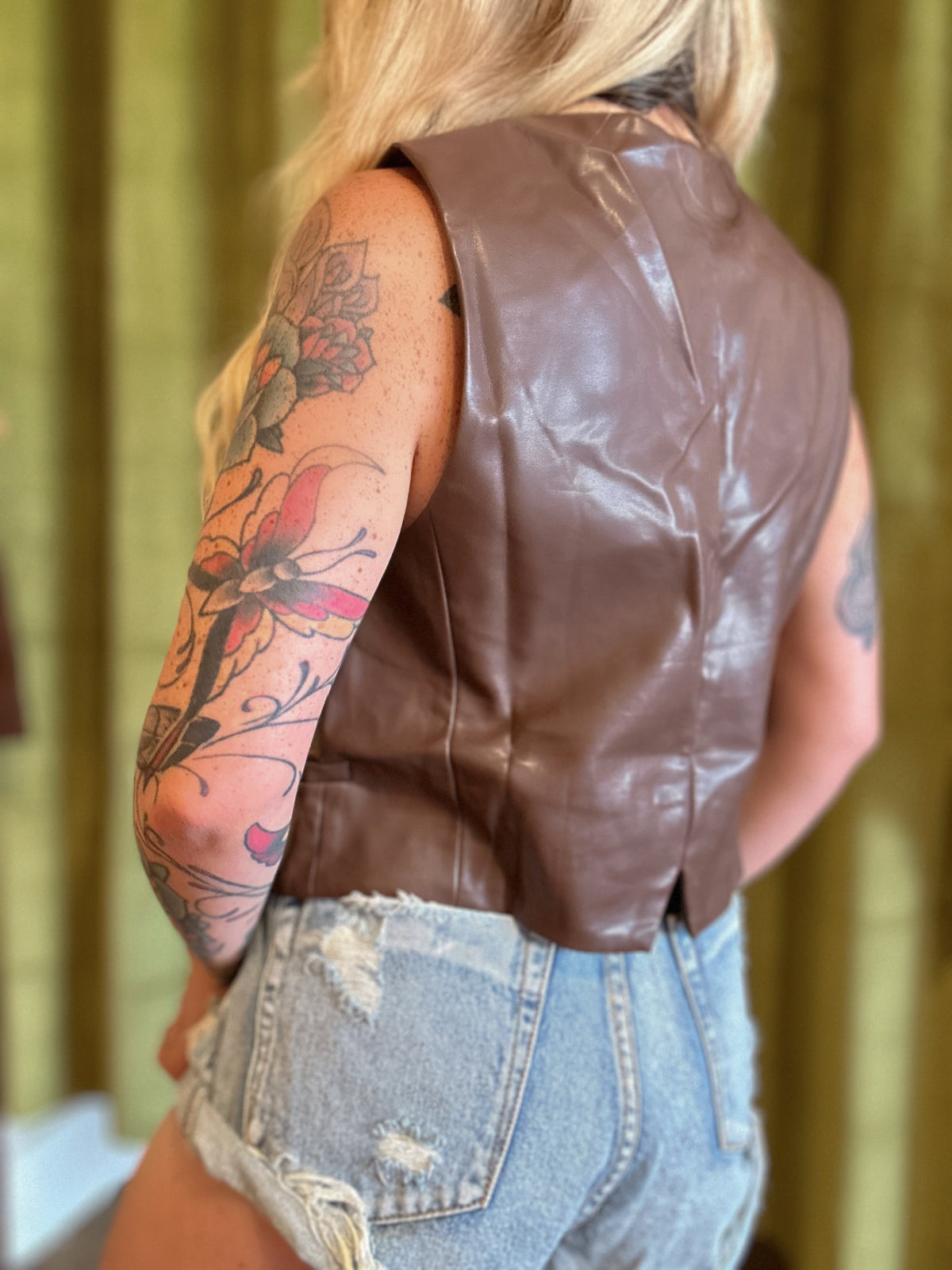 Leather Crop Vest - Brown