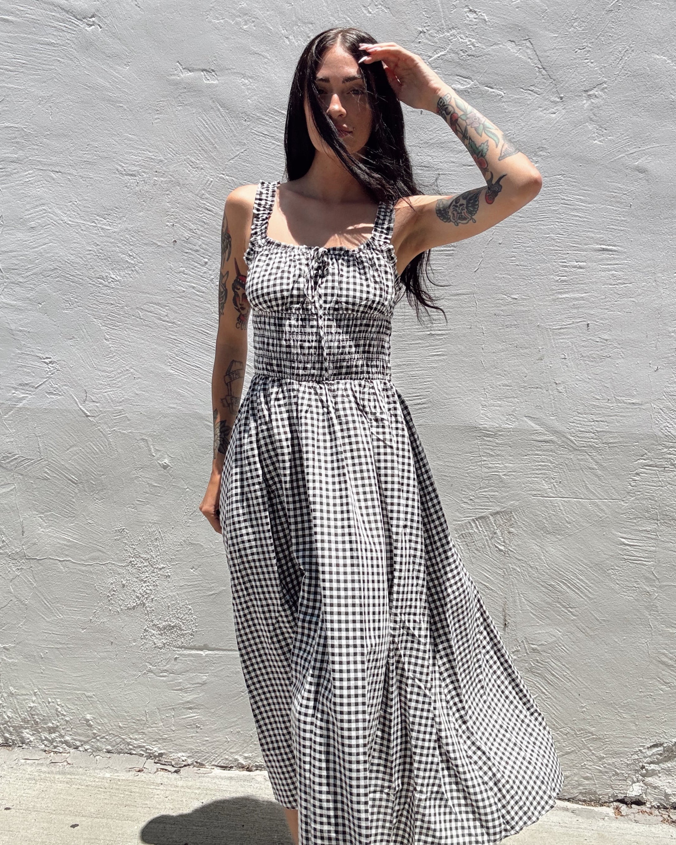 Gingham Ruffle Midi Dress - Burnout