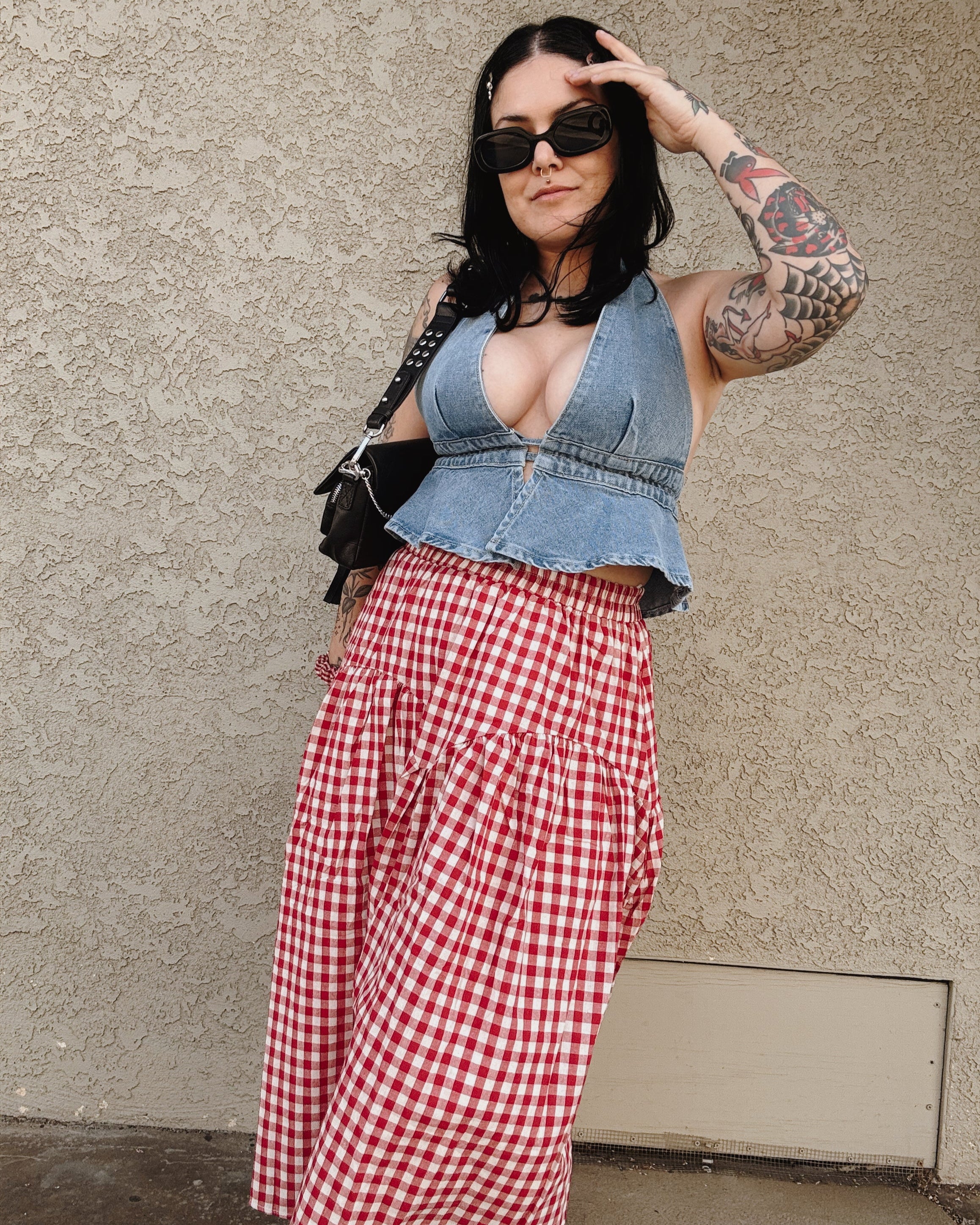 Gingham Midi Skirt - Red - Burnout