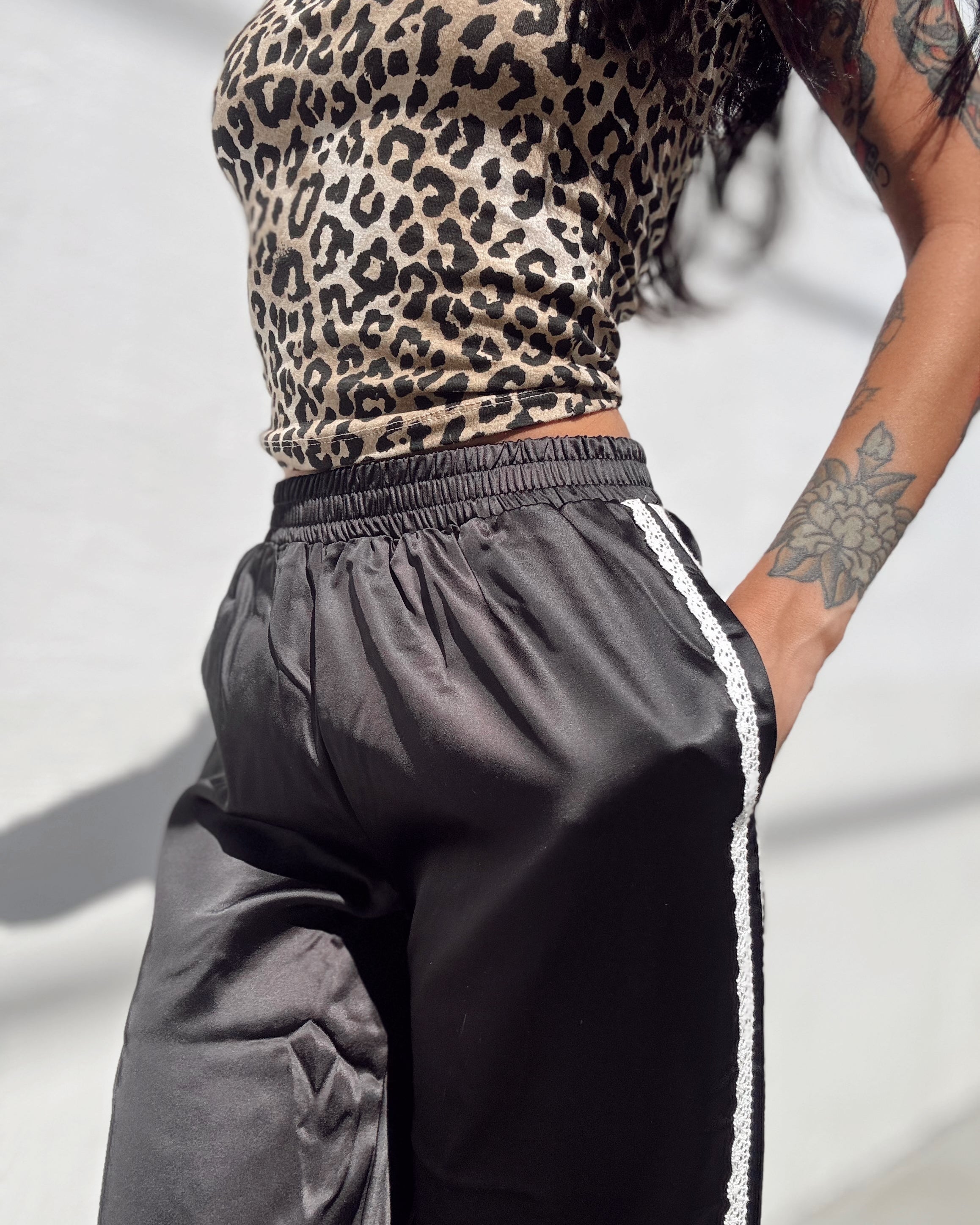 Lace Stripe Wide Leg Satin Pant