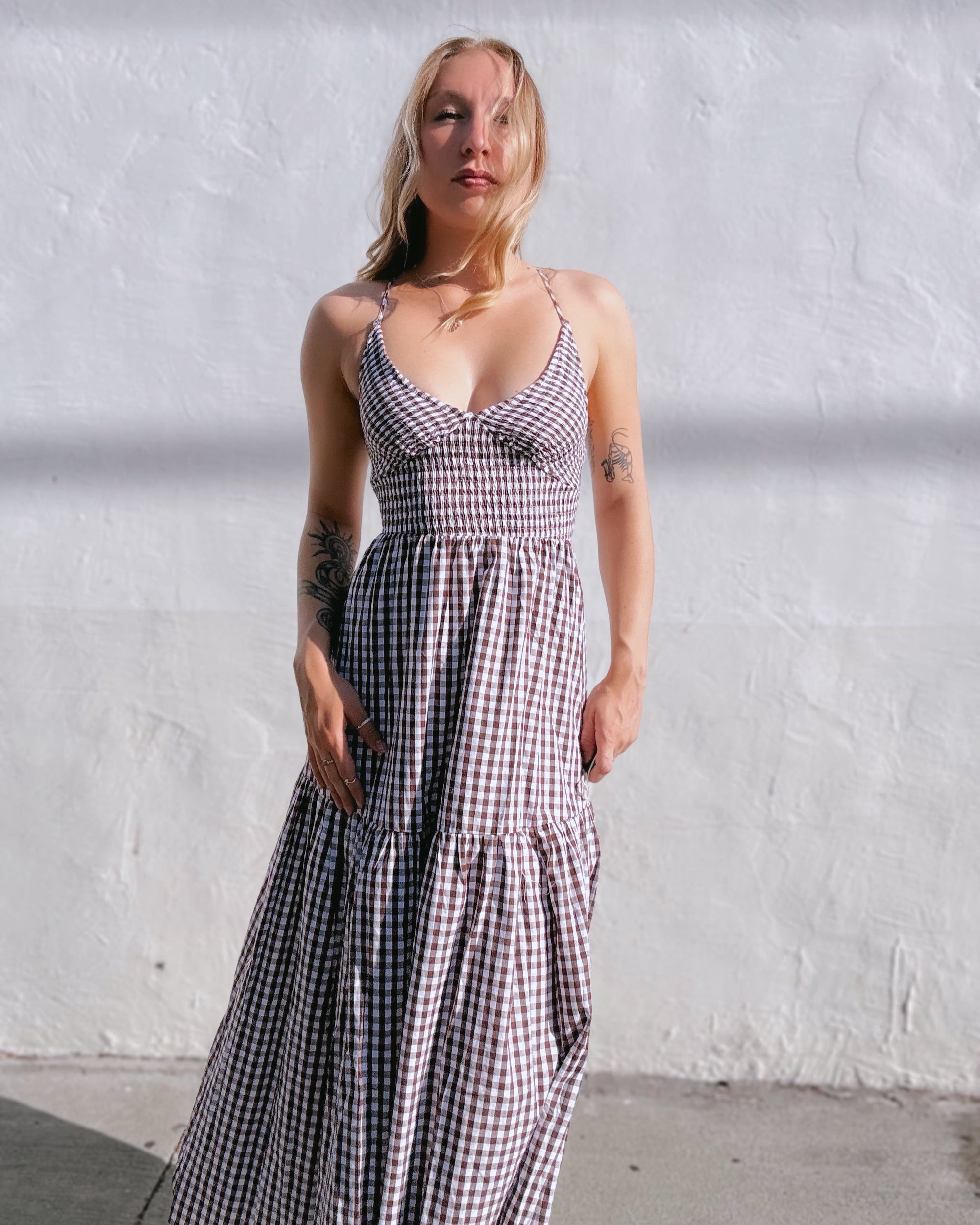 Smocked Gingham Midi Dress - Brown