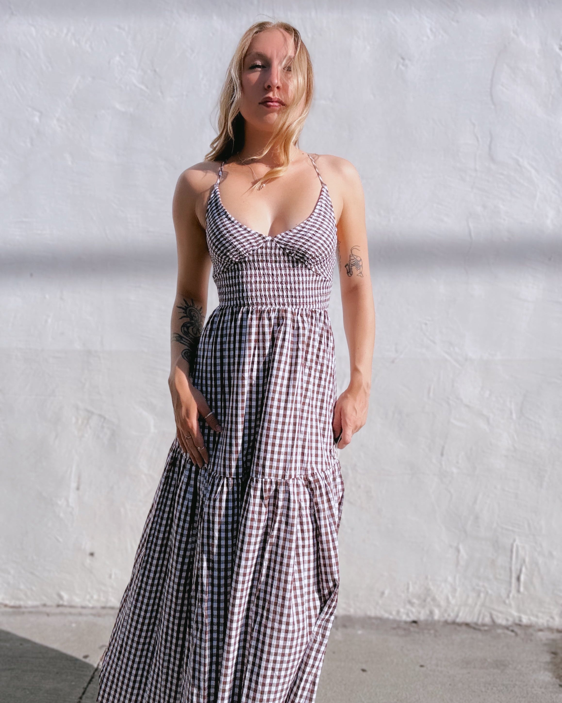 Smocked Gingham Midi Dress - Brown